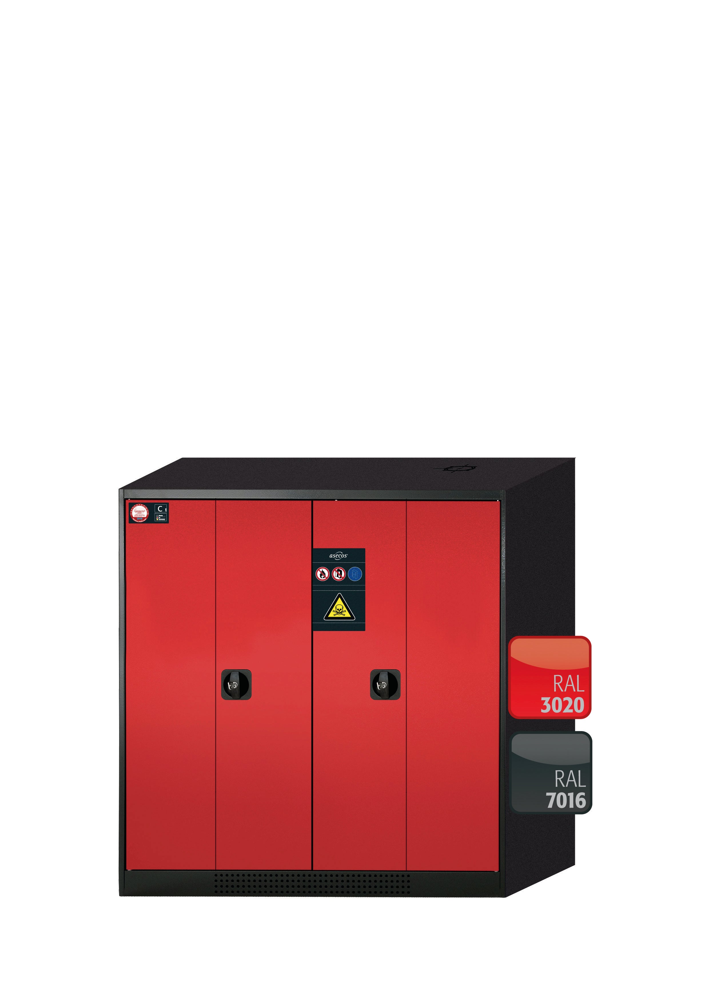 Chemical cabinet CS-PHOENIX model CS.110.105.FD in traffic red RAL 3020 with 3x AbZ pull-out shelves (sheet steel/polypropylene)