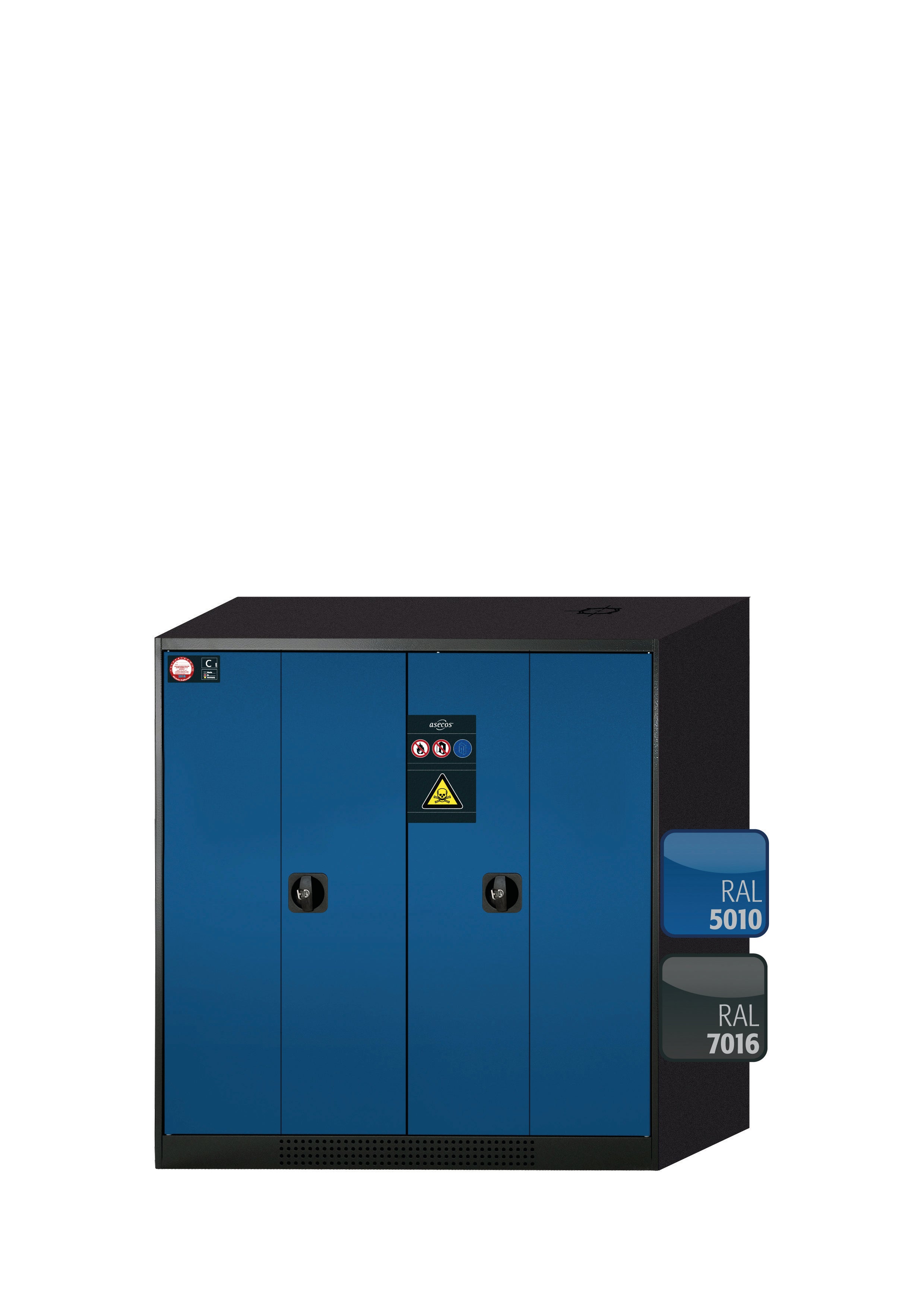 Chemical cabinet CS-PHOENIX model CS.110.105.FD in gentian blue RAL 5010 with 2x pull-out shelves AbZ (sheet steel/polypropylene)