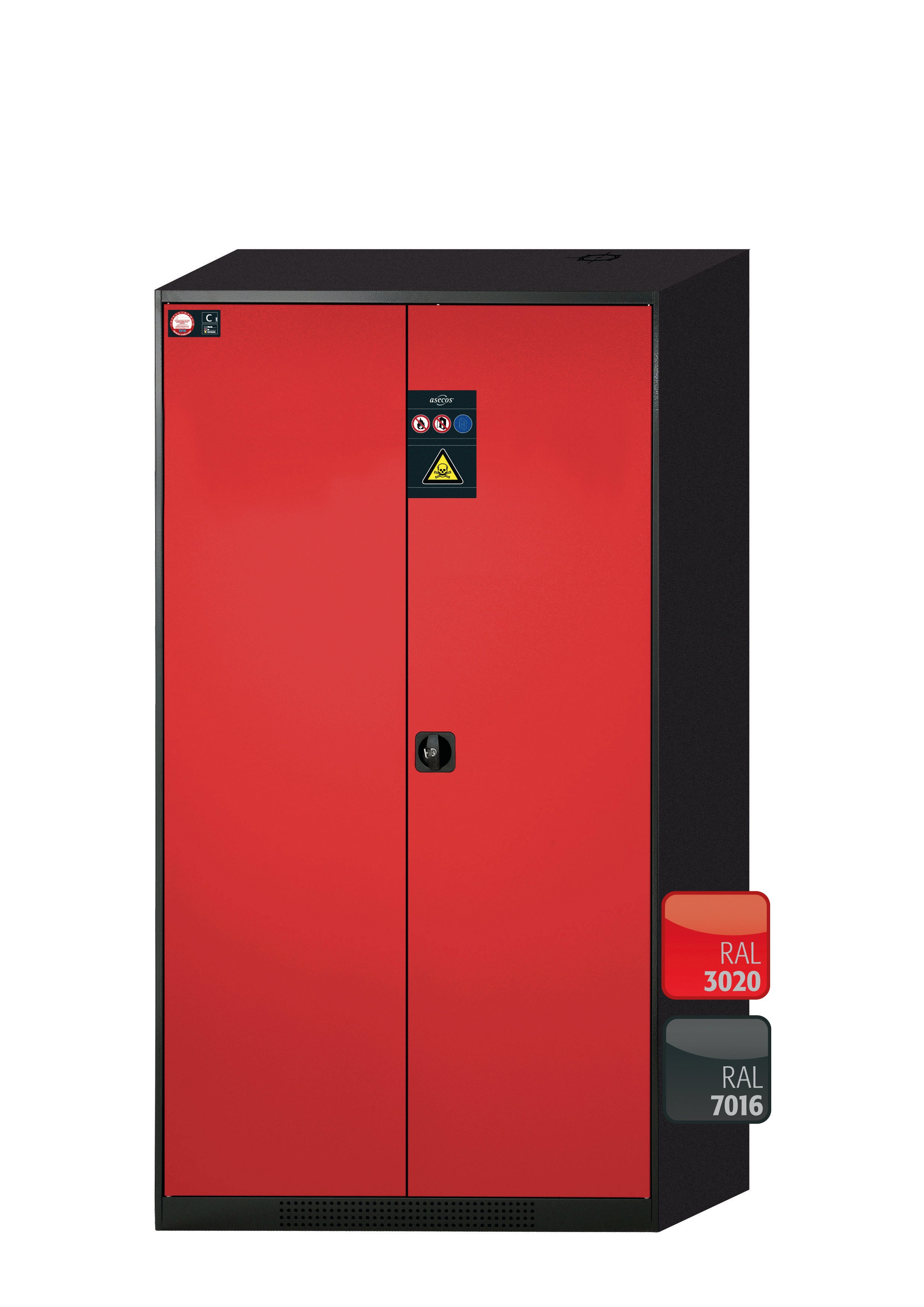 Chemical cabinet CS-CLASSIC model CS.195.105 in traffic red RAL 3020 with 5x AbZ pull-out shelves (sheet steel/polypropylene)