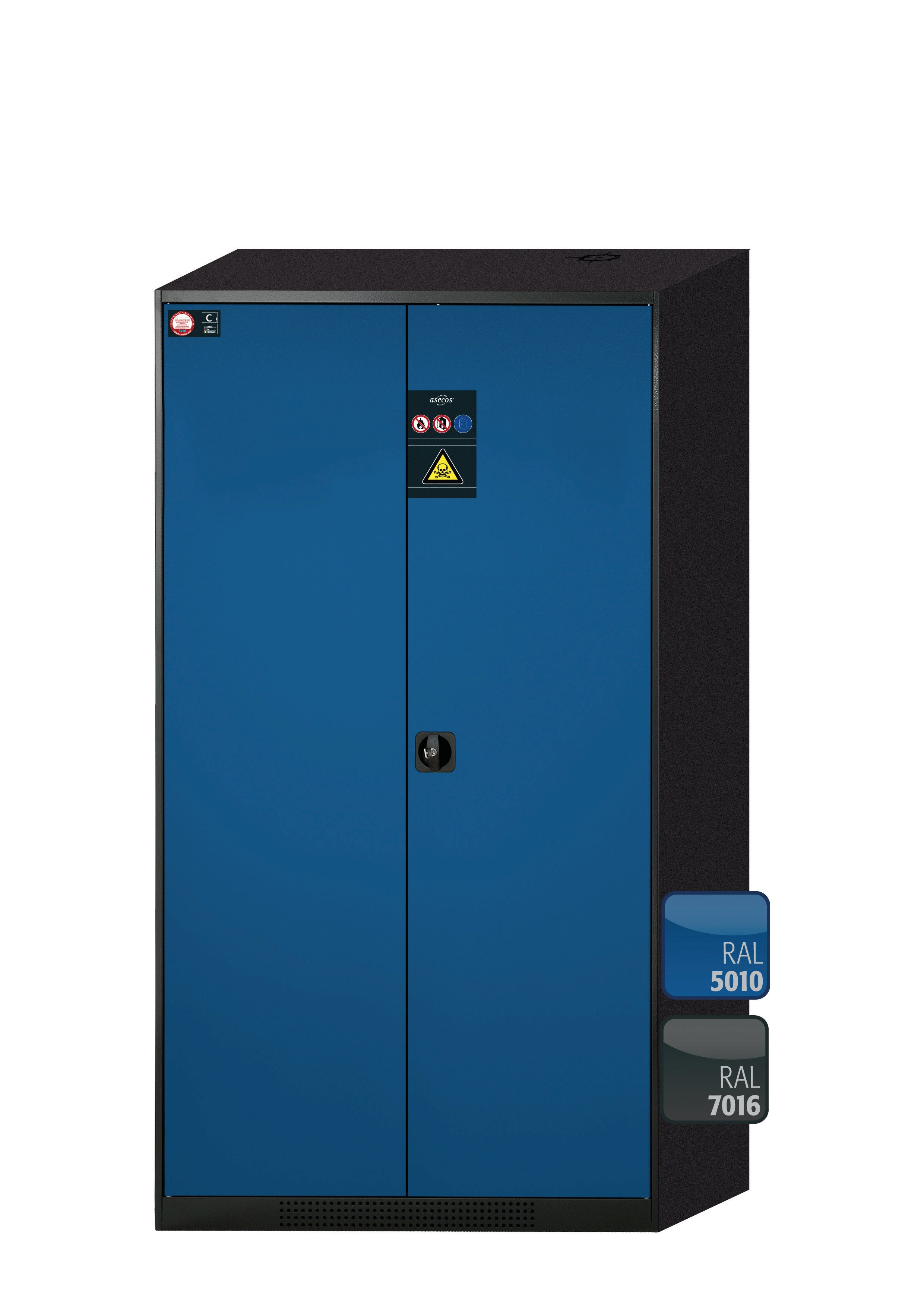 Chemical cabinet CS-CLASSIC model CS.195.105 in gentian blue RAL 5010 with 6x AbZ pull-out shelves (sheet steel/polypropylene)