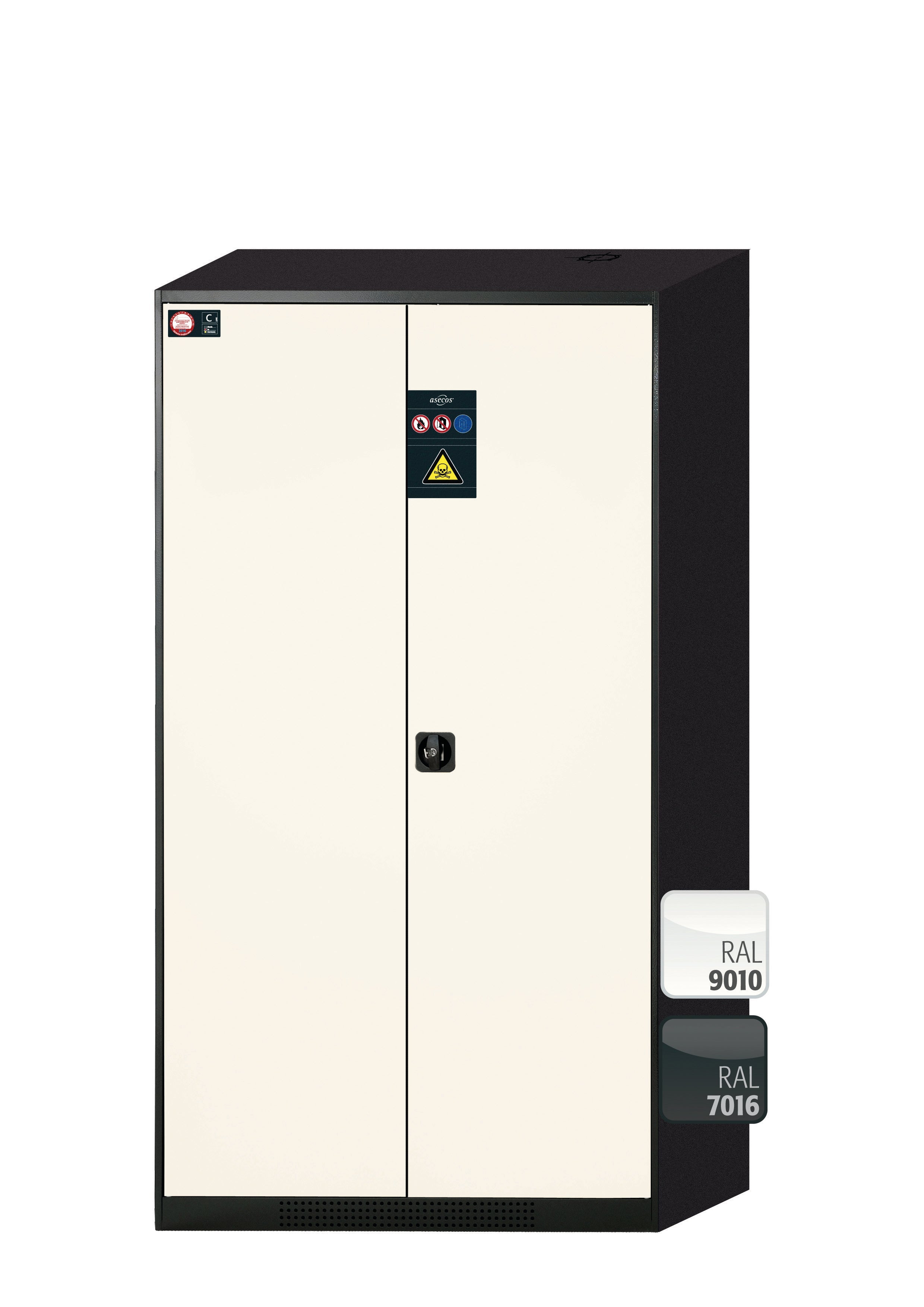 Chemical cabinet CS-CLASSIC model CS.195.105 in pure white RAL 9010 with 4x AbZ pull-out shelves (sheet steel/polypropylene)