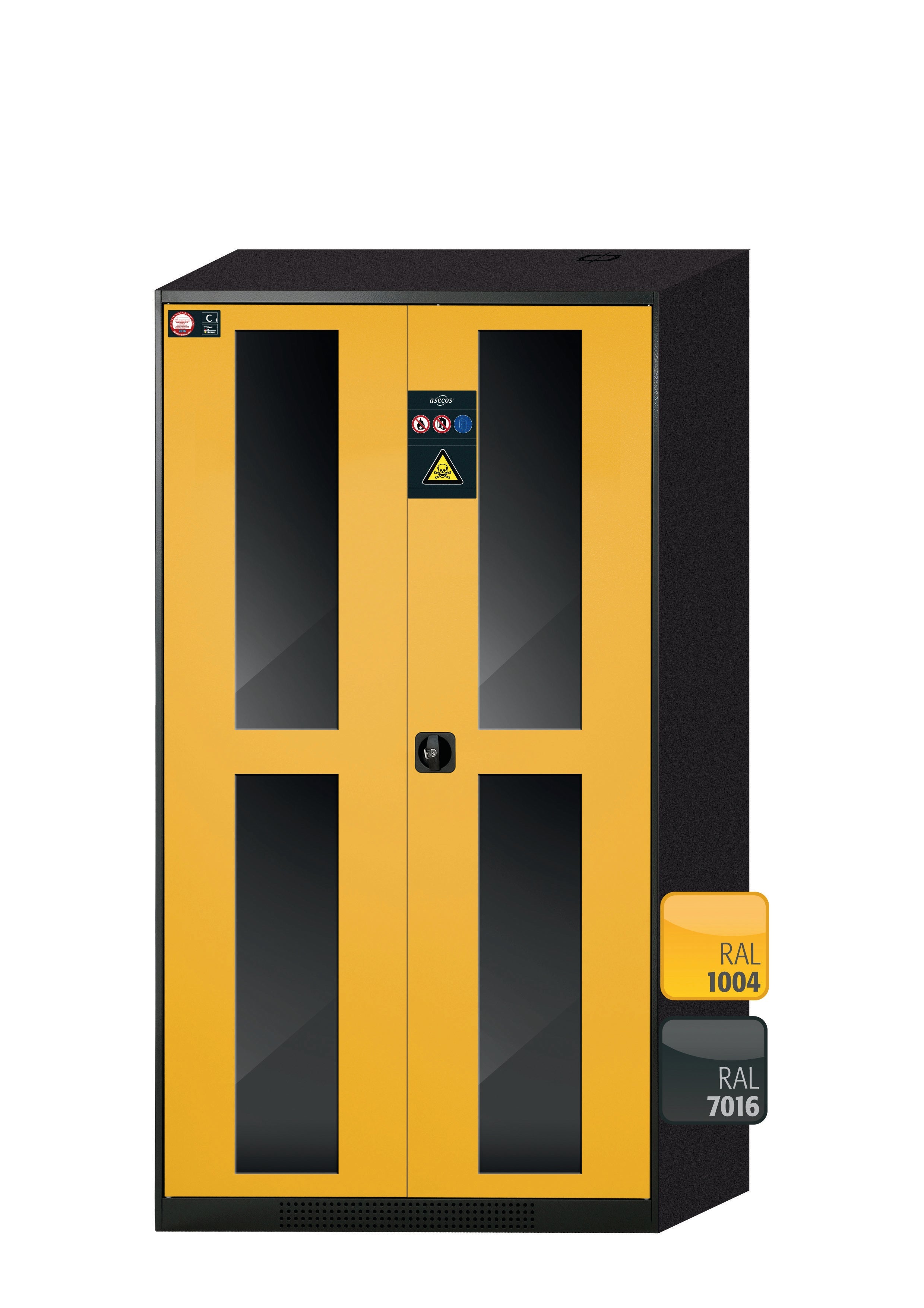 Chemical cabinet CS-CLASSIC-G model CS.195.105.WDFW in safety yellow RAL 1004 with 6x AbZ pull-out shelves (sheet steel/polypropylene)