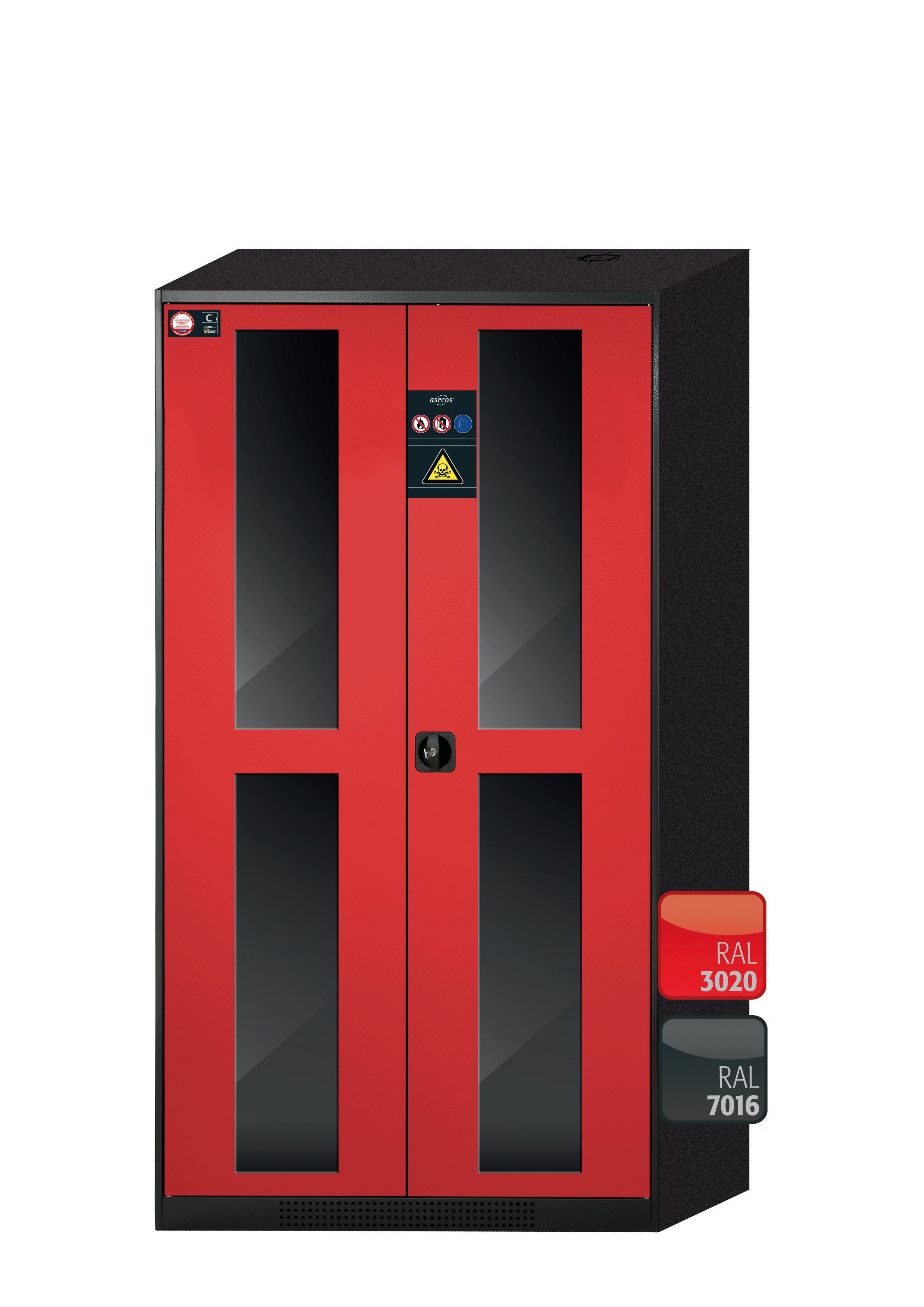 Chemical cabinet CS-CLASSIC-G model CS.195.105.WDFW in traffic red RAL 3020 with 5x AbZ pull-out shelves (sheet steel/polypropylene)