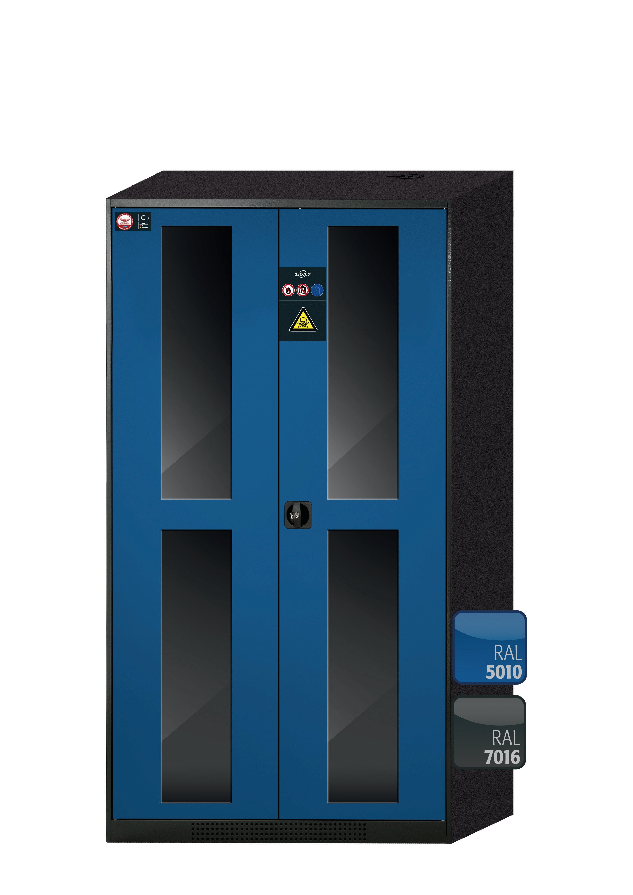 Chemikalienschrank CS-CLASSIC-G Modell CS.195.105.WDFW in enzianblau RAL 5010 mit 5x Tablarauszug AbZ (Stahlblech/Polypropylen)