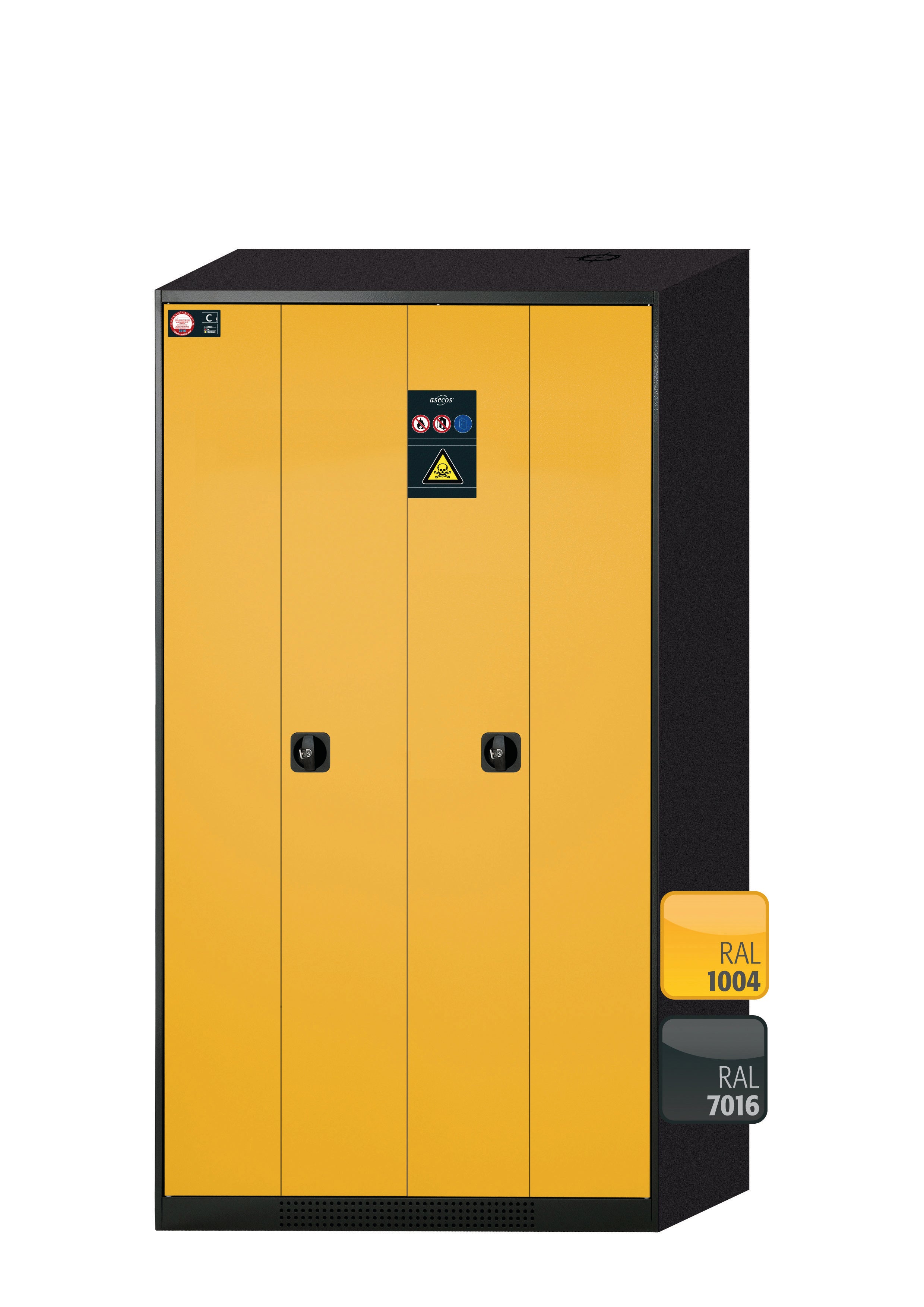 Chemical cabinet CS-PHOENIX model CS.195.105.FD in safety yellow RAL 1004 with 6x AbZ pull-out shelves (sheet steel/polypropylene)