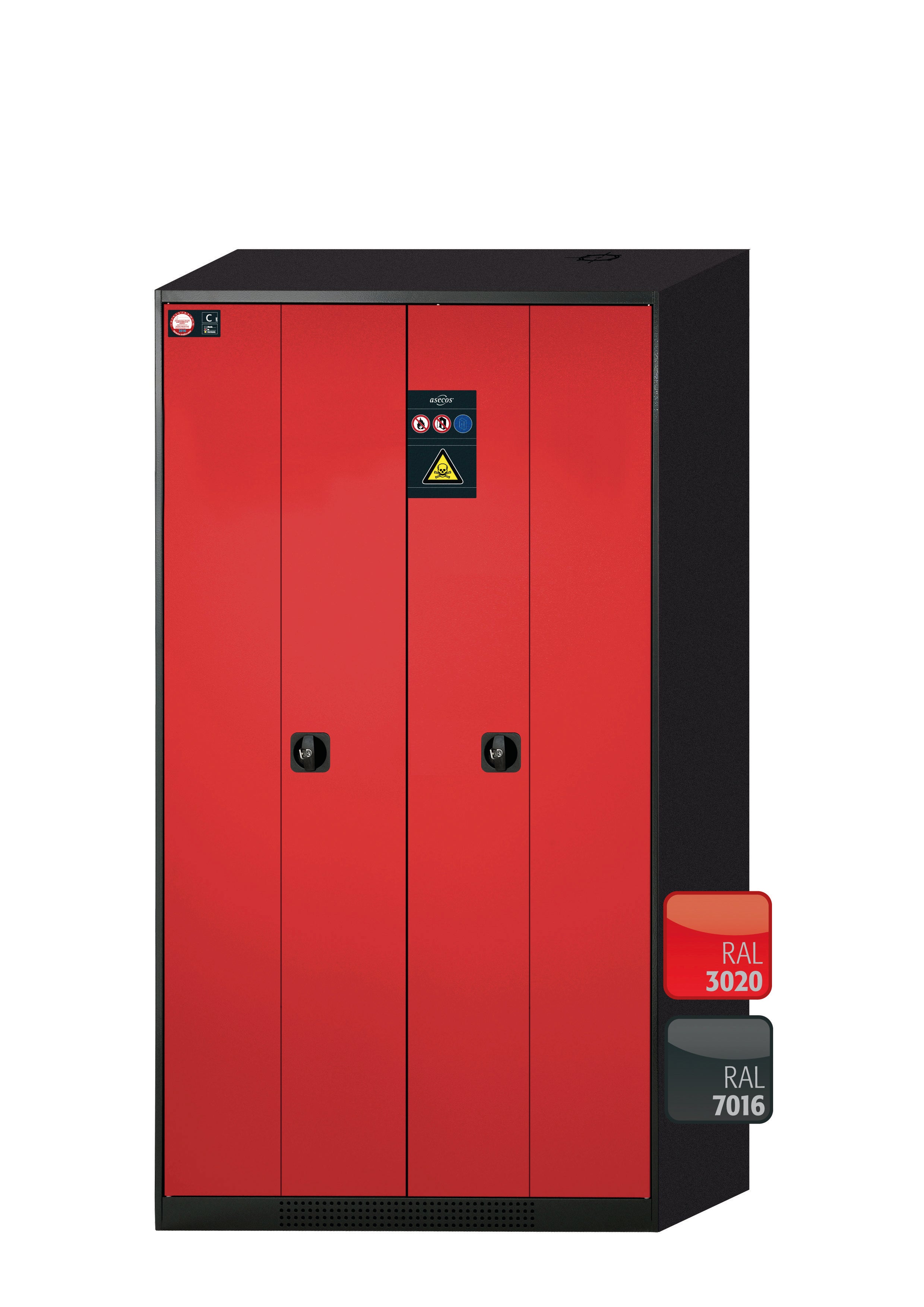 Chemical cabinet CS-PHOENIX model CS.195.105.FD in traffic red RAL 3020 with 4x AbZ pull-out shelves (sheet steel/polypropylene)