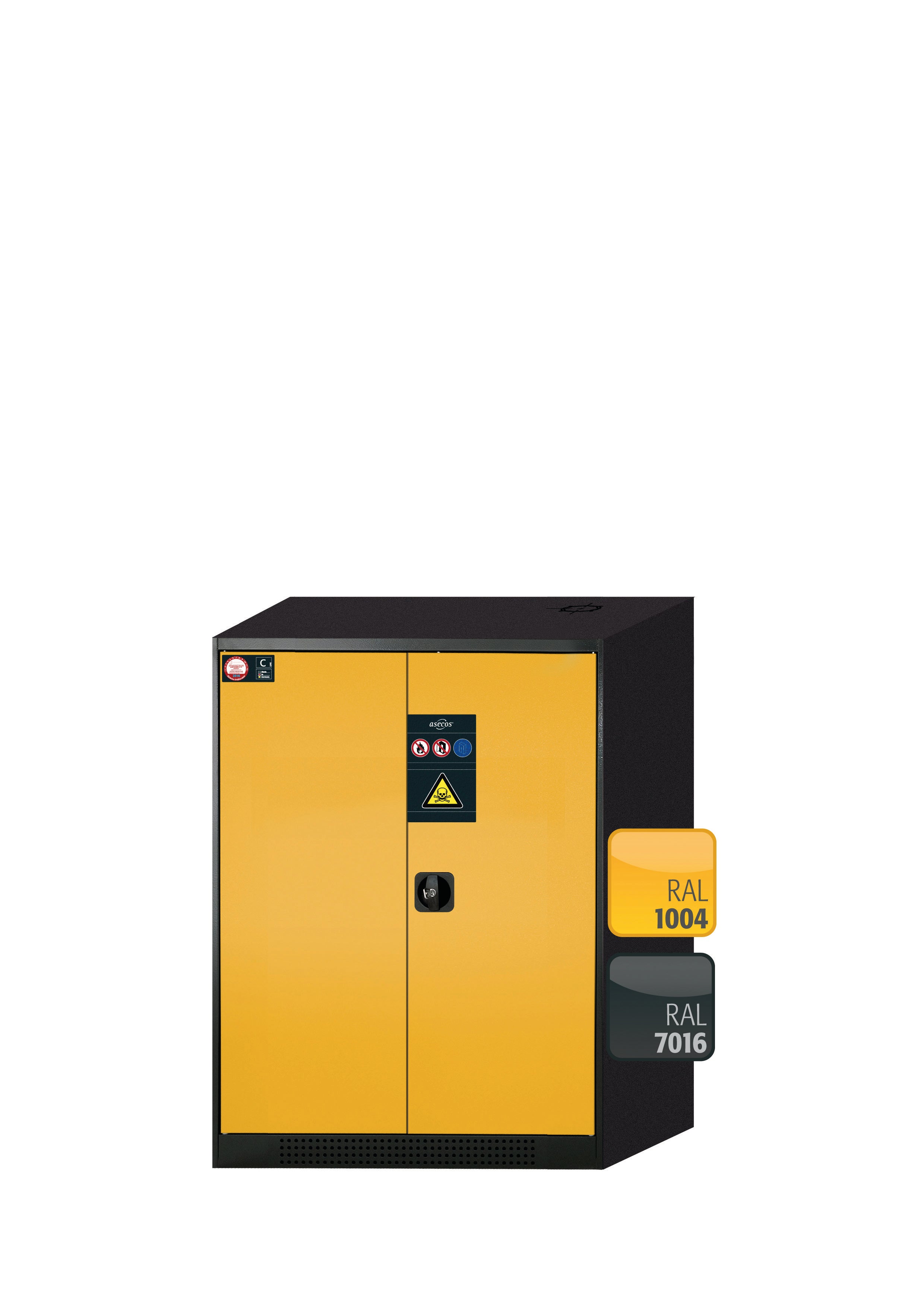 Armoire chimique CS-CLASSIC modèle CS.110.081 en jaune sécurité RAL 1004 avec 2x étagères standard (tôle d'acier)