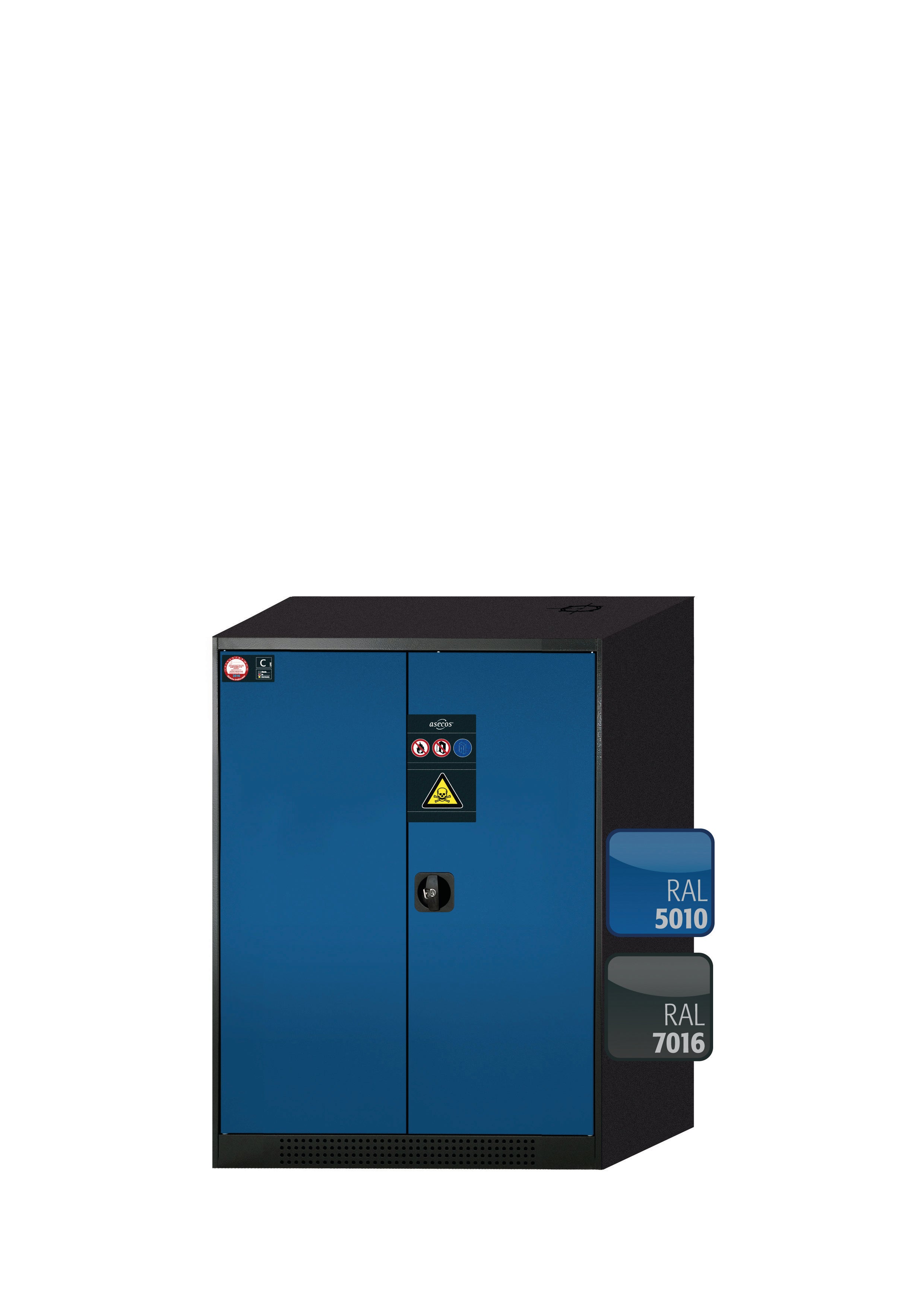 Armoire chimique CS-CLASSIC modèle CS.110.081 en bleu gentiane RAL 5010 avec 2x étagères standard (tôle d'acier)