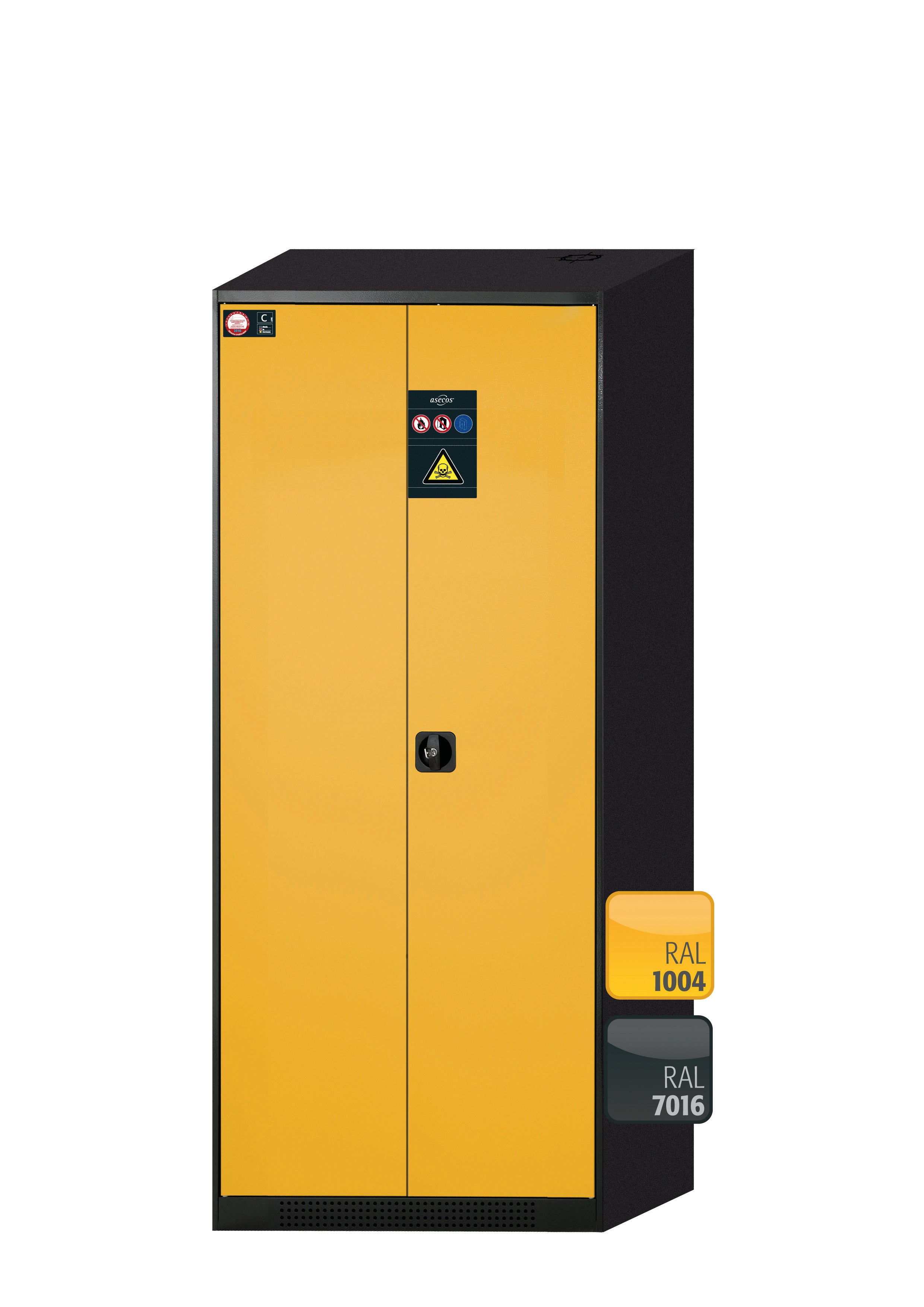 Chemical cabinet CS-CLASSIC model CS.195.081 in safety yellow RAL 1004 with 6x AbZ pull-out shelves (sheet steel/polypropylene)