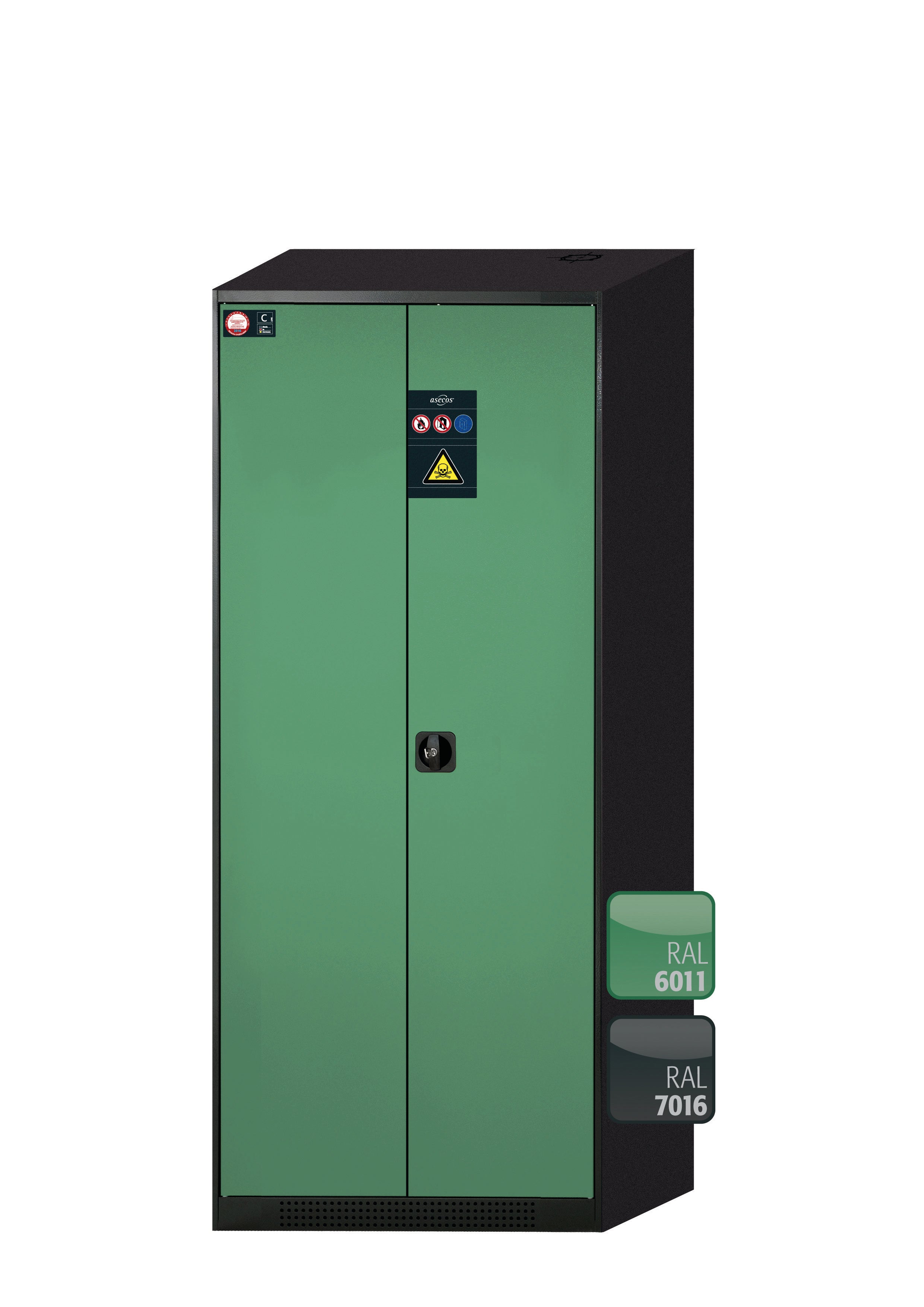 Chemical cabinet CS-CLASSIC model CS.195.081 in reseda green RAL 6011 with 5x AbZ pull-out shelves (sheet steel/polypropylene)