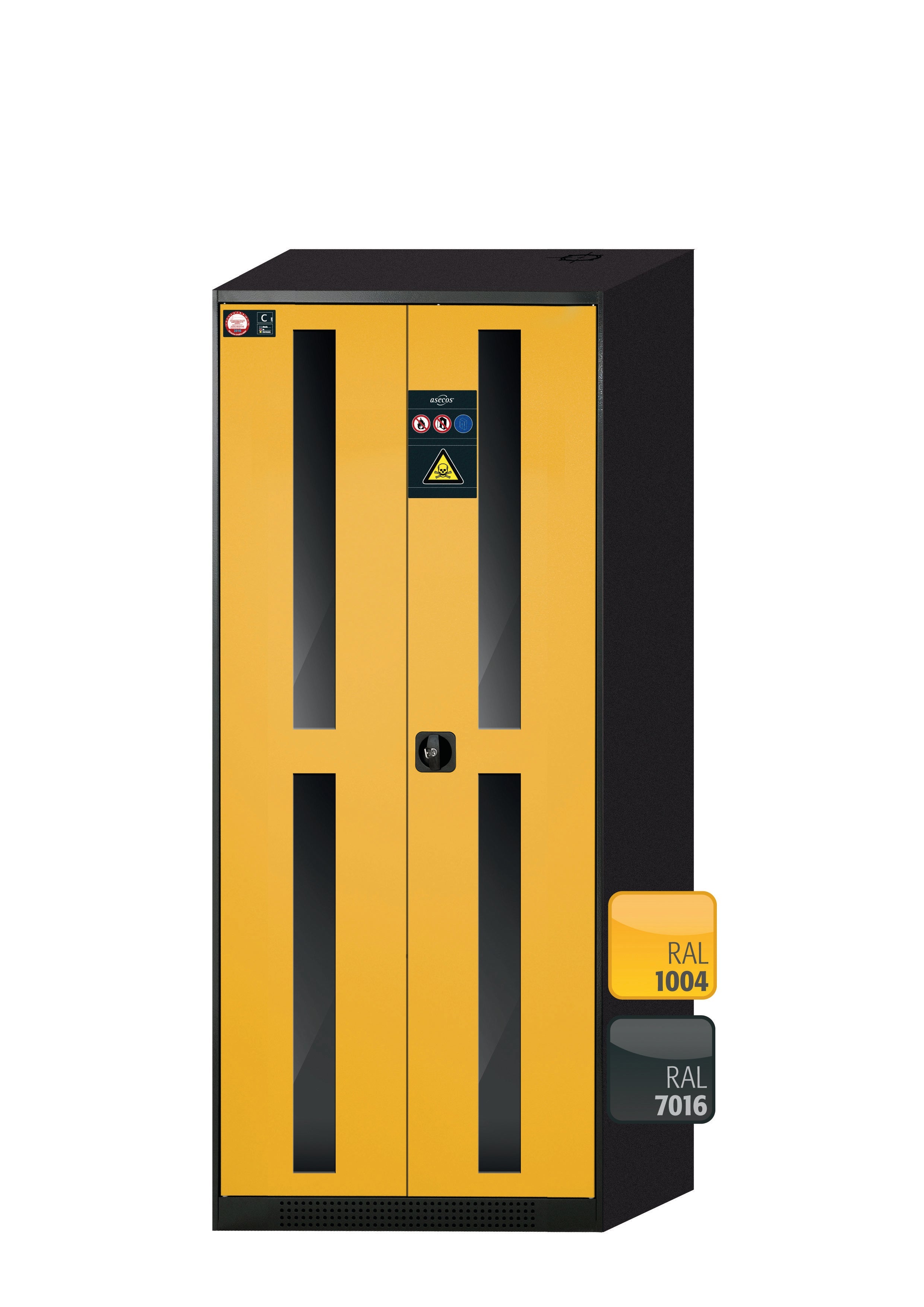 Chemical cabinet CS-CLASSIC-G model CS.195.081.WDFW in safety yellow RAL 1004 with 5x AbZ shelf pull-outs (sheet steel/polypropylene)