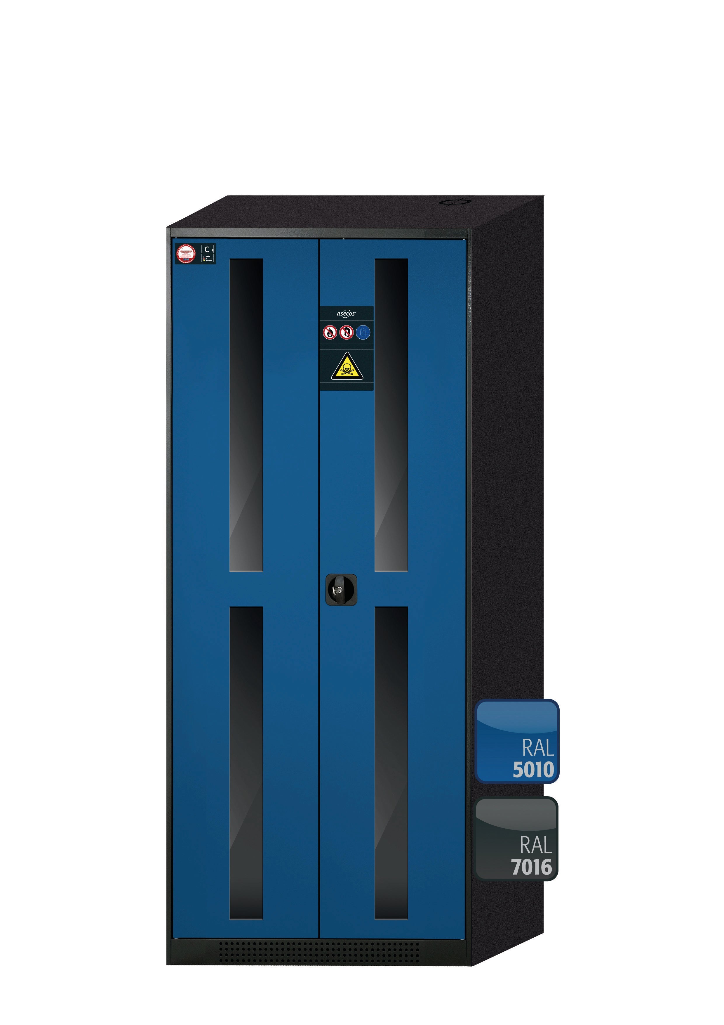 Chemikalienschrank CS-CLASSIC-G Modell CS.195.081.WDFW in enzianblau RAL 5010 mit 5x Tablarauszug AbZ (Stahlblech/Polypropylen)