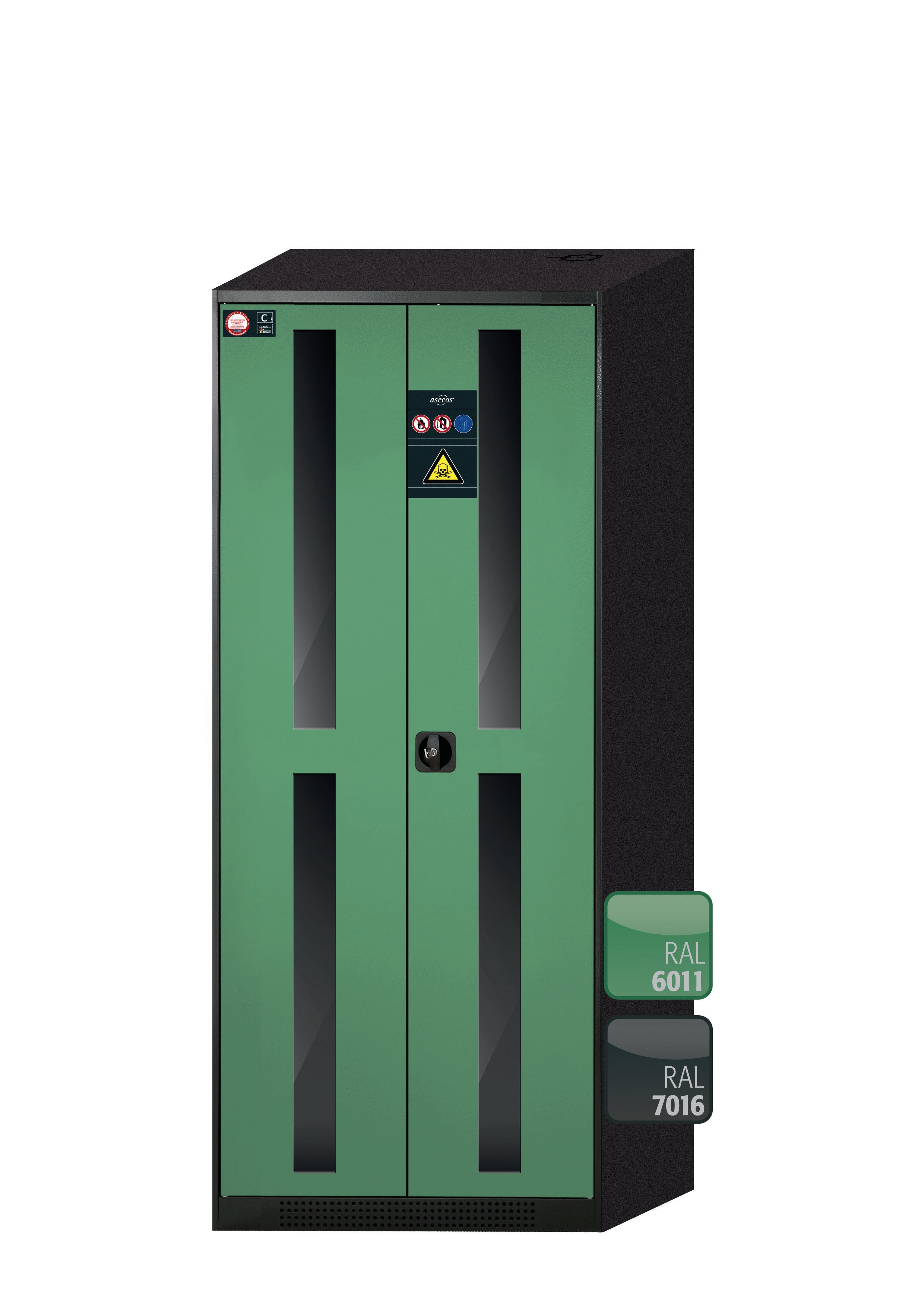 Chemical cabinet CS-CLASSIC-G model CS.195.081.WDFW in reseda green RAL 6011 with 5x AbZ shelf pull-outs (sheet steel/polypropylene)