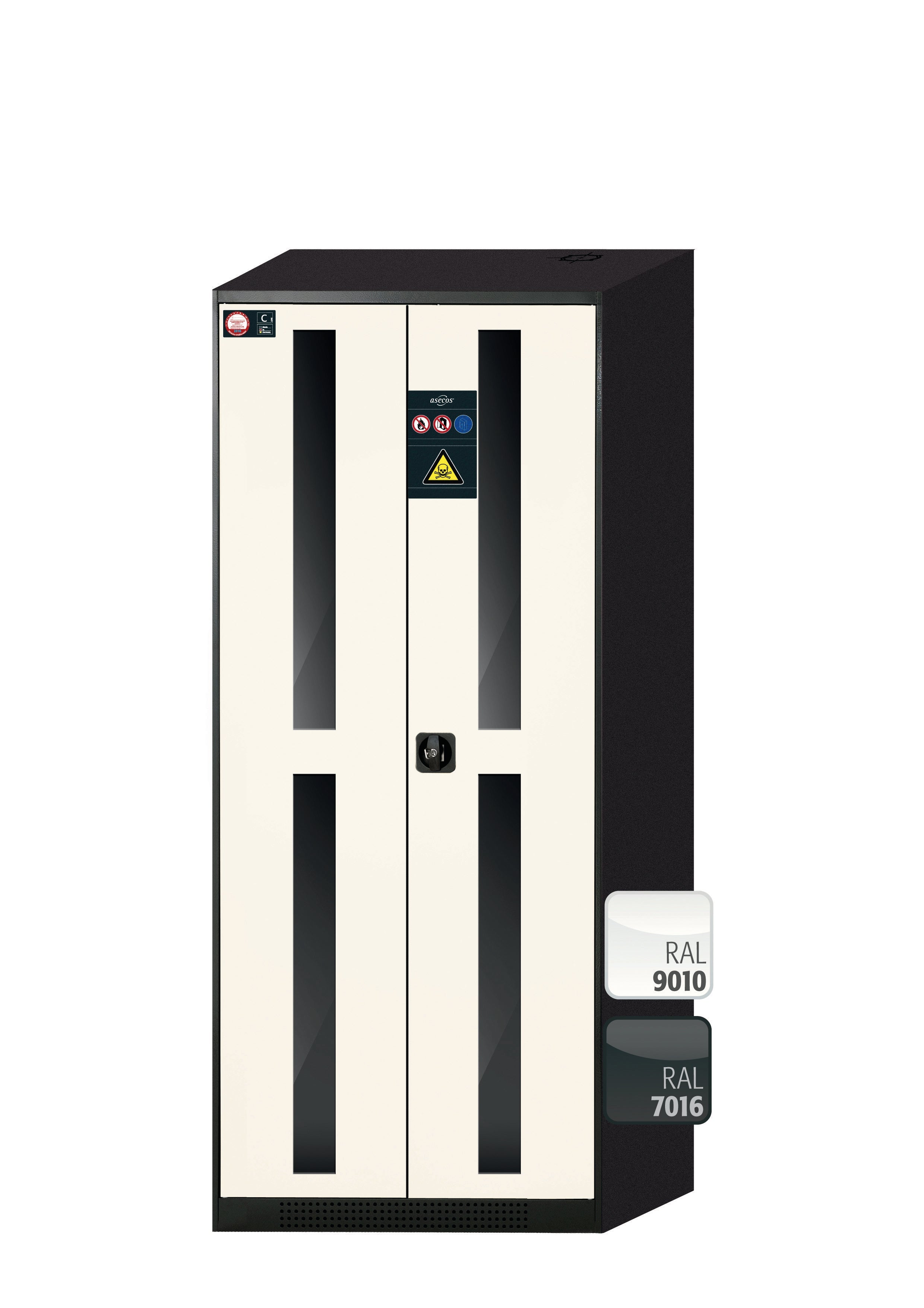Chemikalienschrank CS-CLASSIC-G Modell CS.195.081.WDFW in reinweiss RAL 9010 mit 4x Tablarauszug AbZ (Stahlblech/Polypropylen)
