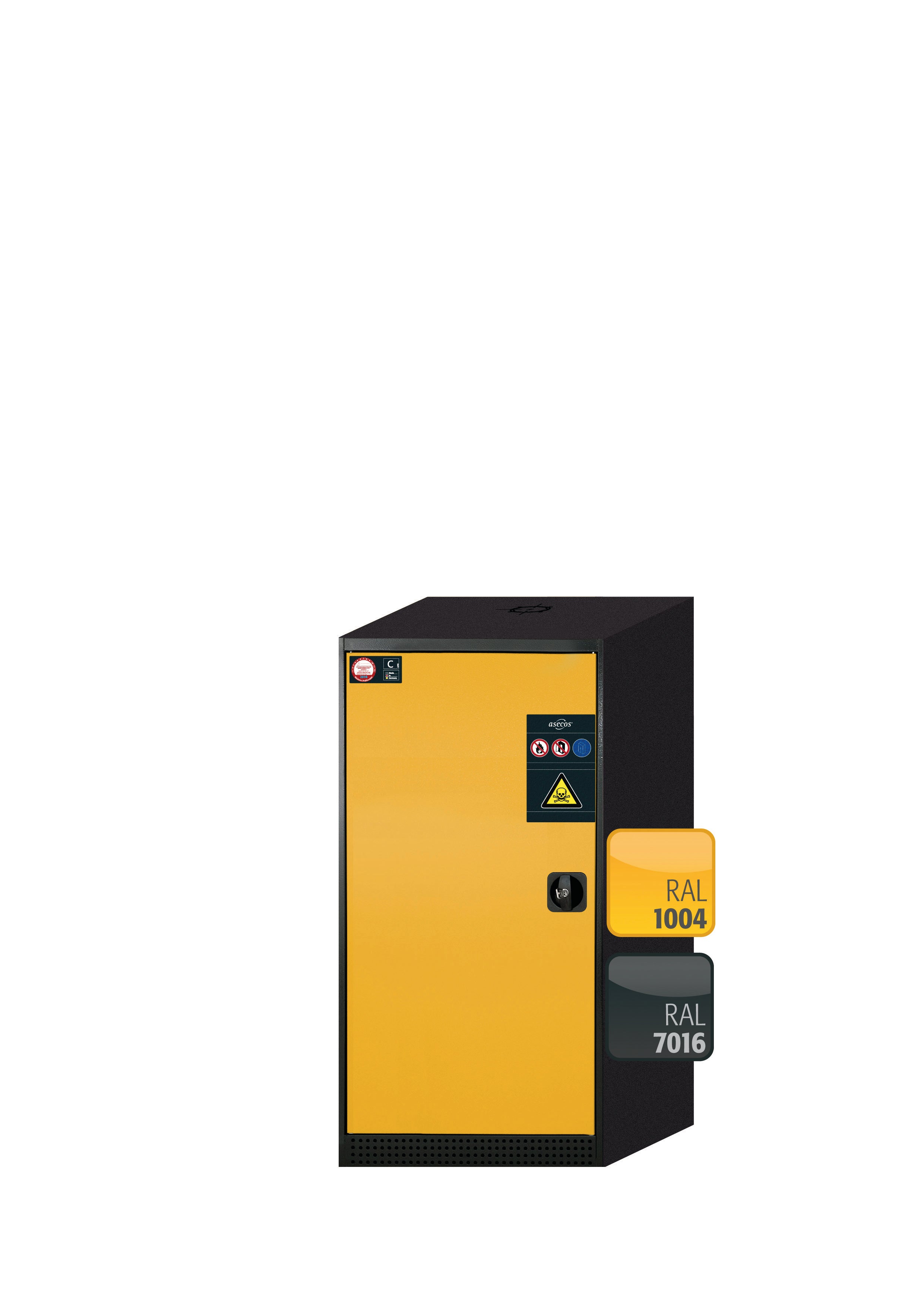 Armoire chimique CS-CLASSIC modèle CS.110.054 en jaune sécurité RAL 1004 avec 2x étagères standard (tôle d'acier)