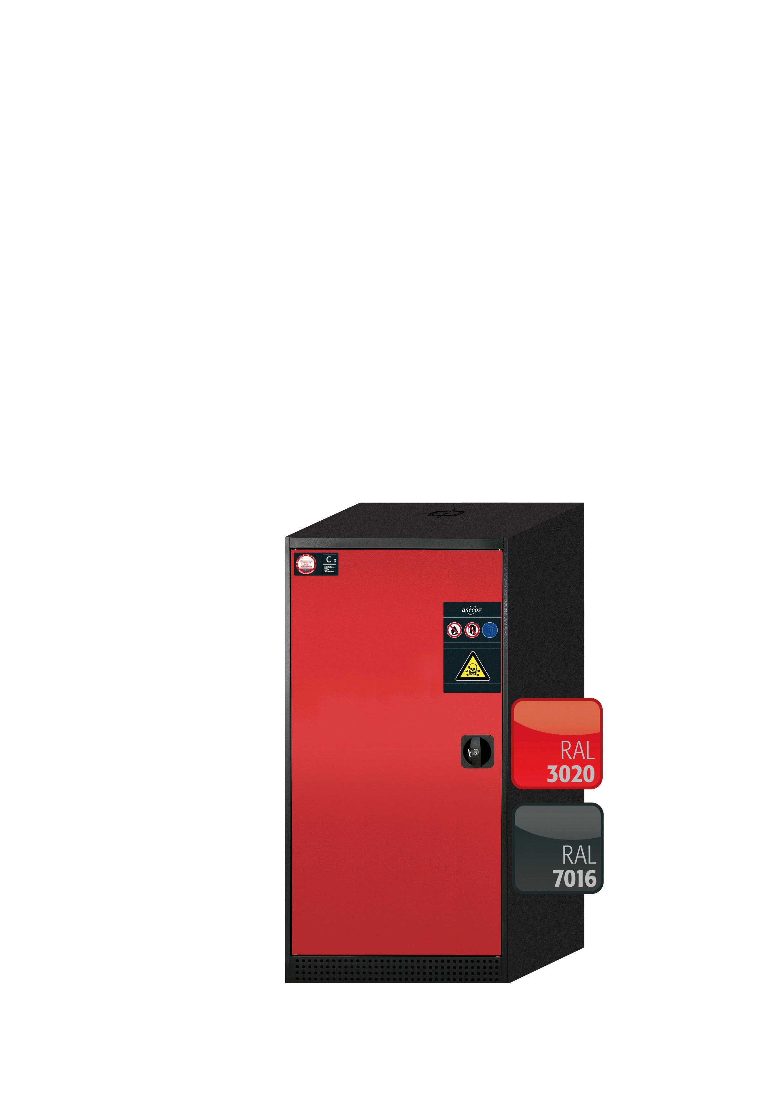 Armoire chimique CS-CLASSIC modèle CS.110.054 en rouge signalisation RAL 3020 avec 2x étagères standard (tôle d'acier)