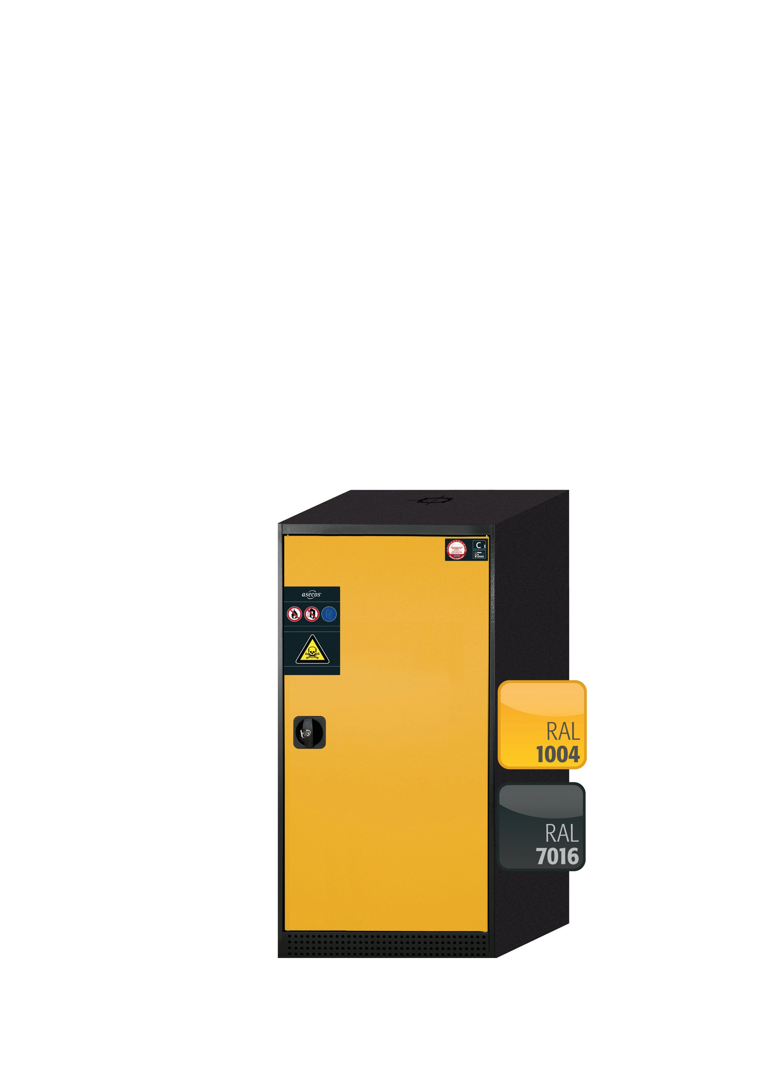 Armoire chimique CS-CLASSIC modèle CS.110.054.R en jaune sécurité RAL 1004 avec 3 étagères coulissantes AbZ (tôle d'acier/polypropylène)