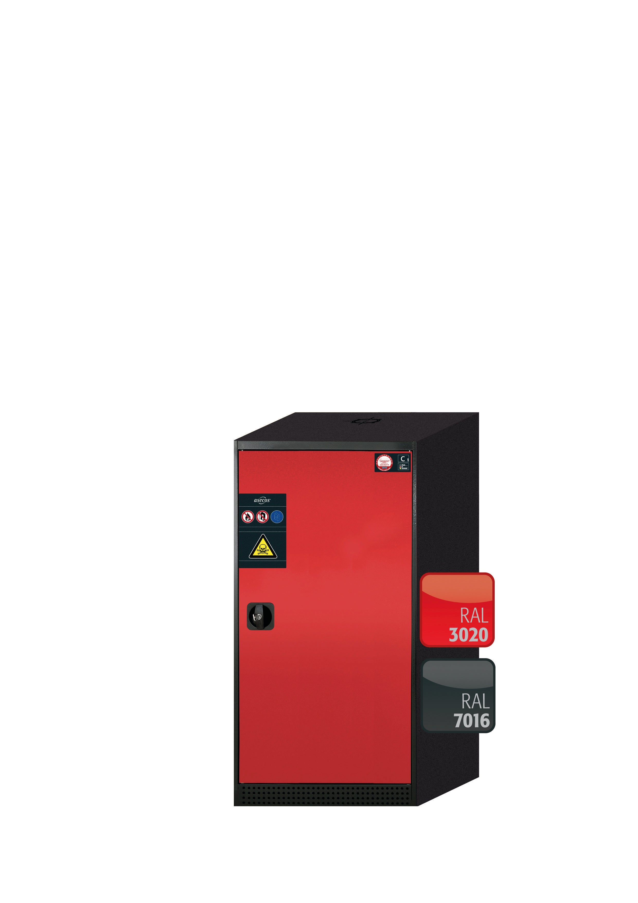 Armoire chimique CS-CLASSIC modèle CS.110.054.R en rouge signalisation RAL 3020 avec 2x étagères standard (tôle d'acier)
