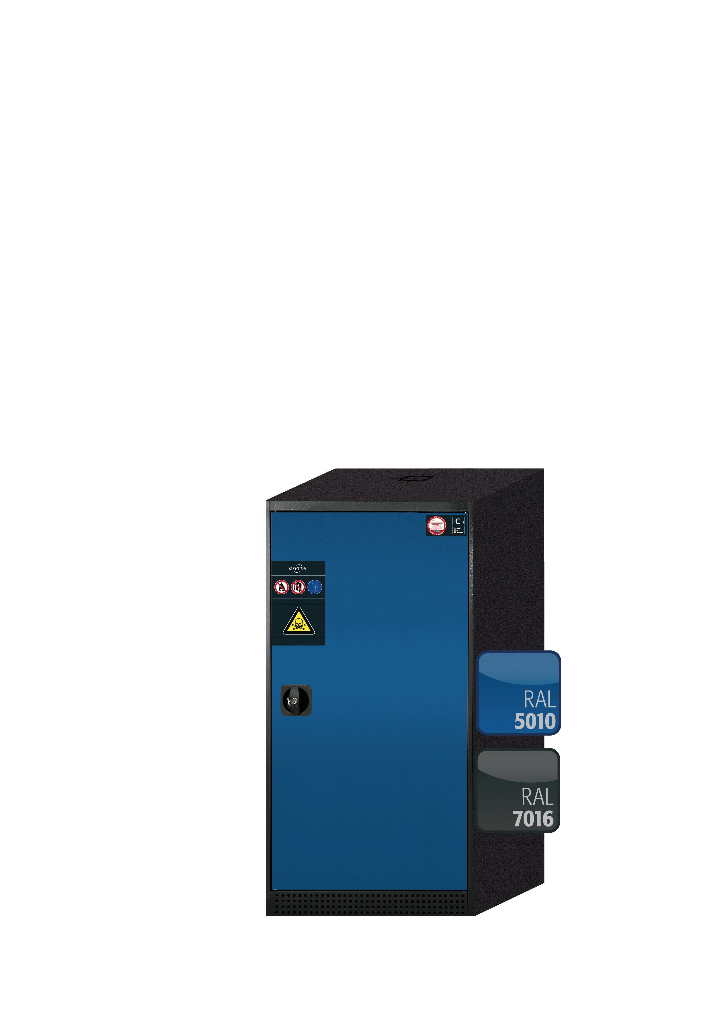 Chemikalienschrank CS-CLASSIC Modell CS.110.054.R in enzianblau RAL 5010 mit 2x Tablarauszug AbZ (Stahlblech/Polypropylen)