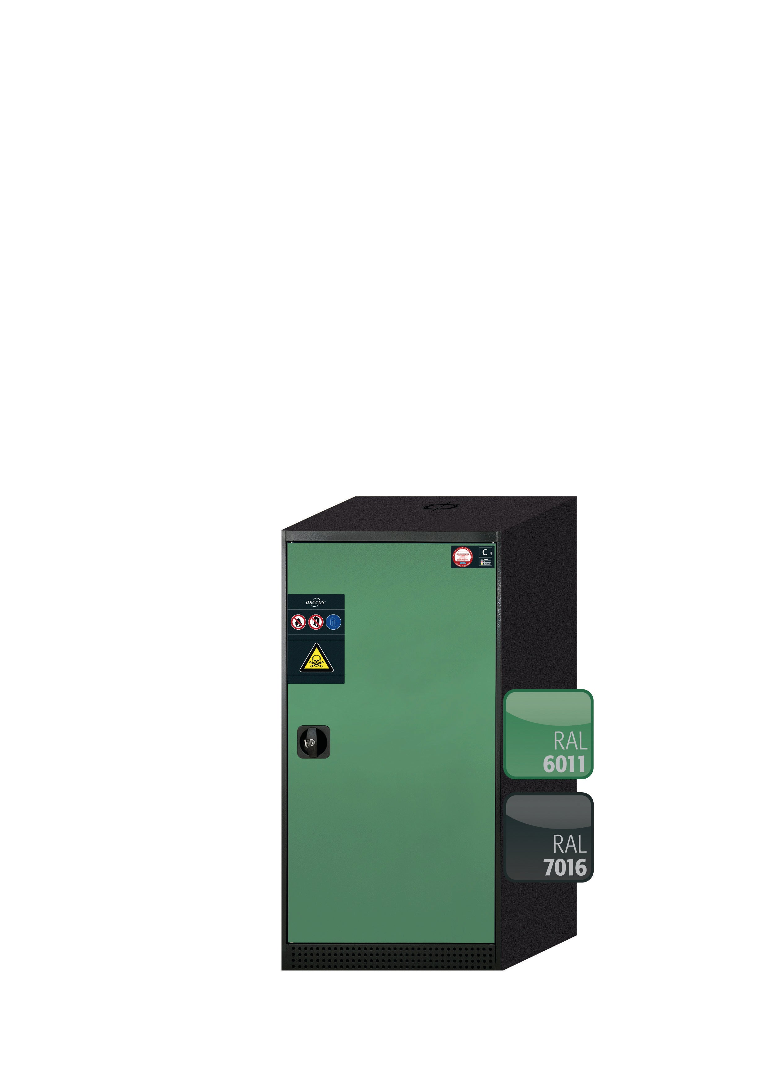 Chemikalienschrank CS-CLASSIC Modell CS.110.054.R in resedagrün RAL 6011 mit 2x Tablarauszug AbZ (Stahlblech/Polypropylen)