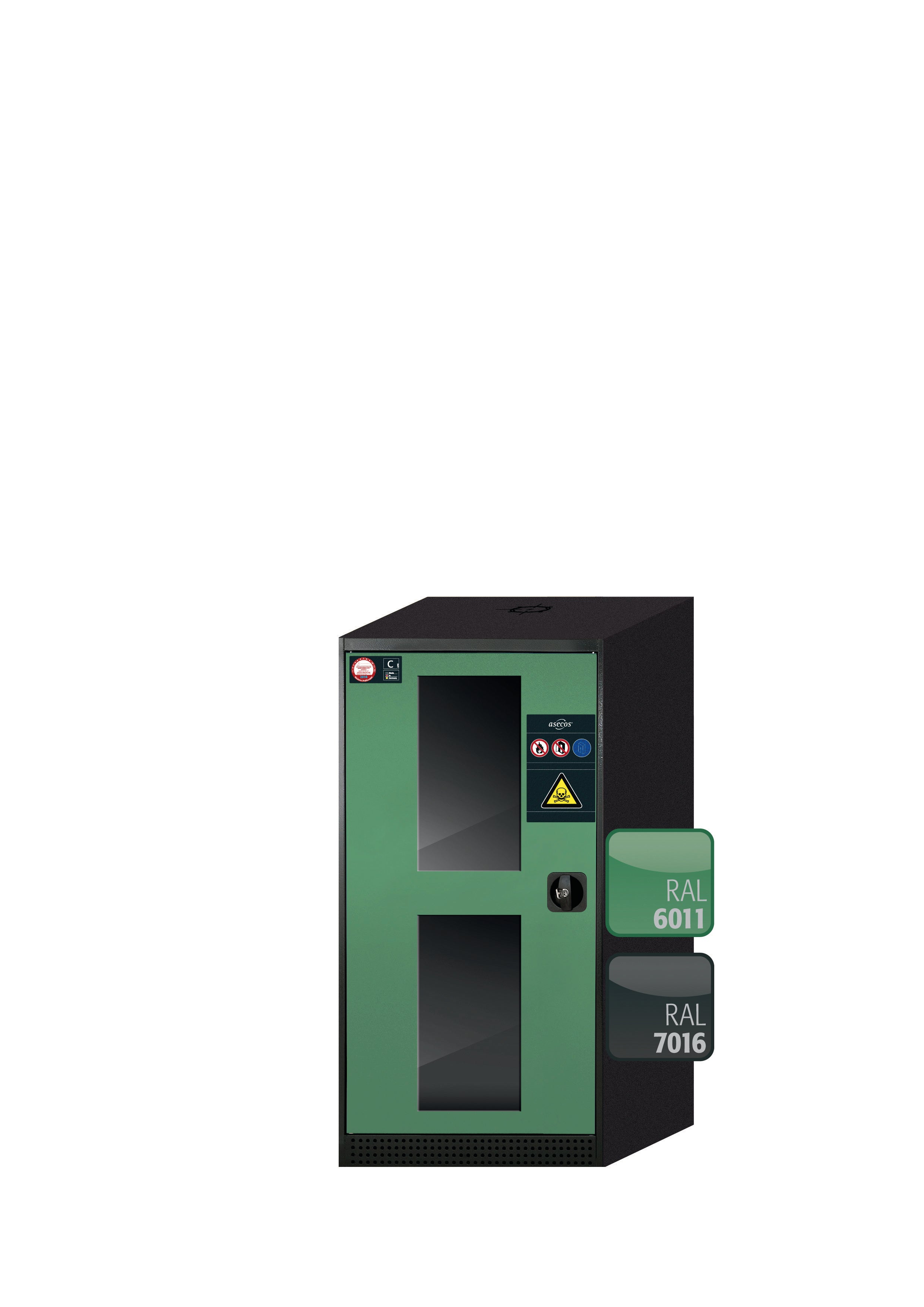 Armoire chimique CS-CLASSIC-G modèle CS.110.054.WDFW en vert réséda RAL 6011 avec 2x étagères standard (tôle d'acier)