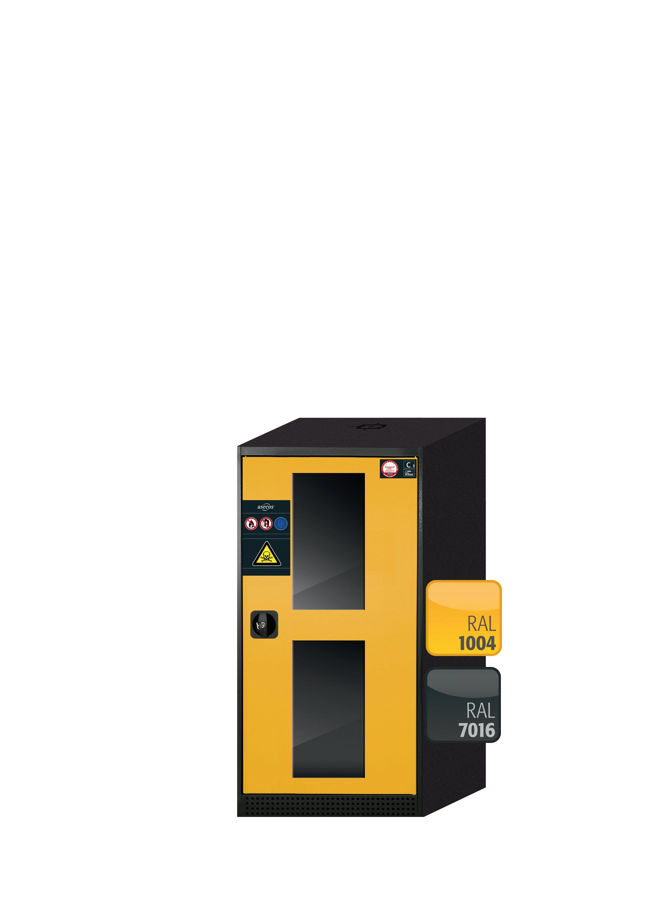 Armoire chimique CS-CLASSIC-G modèle CS.110.054.WDFWR en jaune de sécurité RAL 1004 avec 2x étagères standard (tôle d'acier)