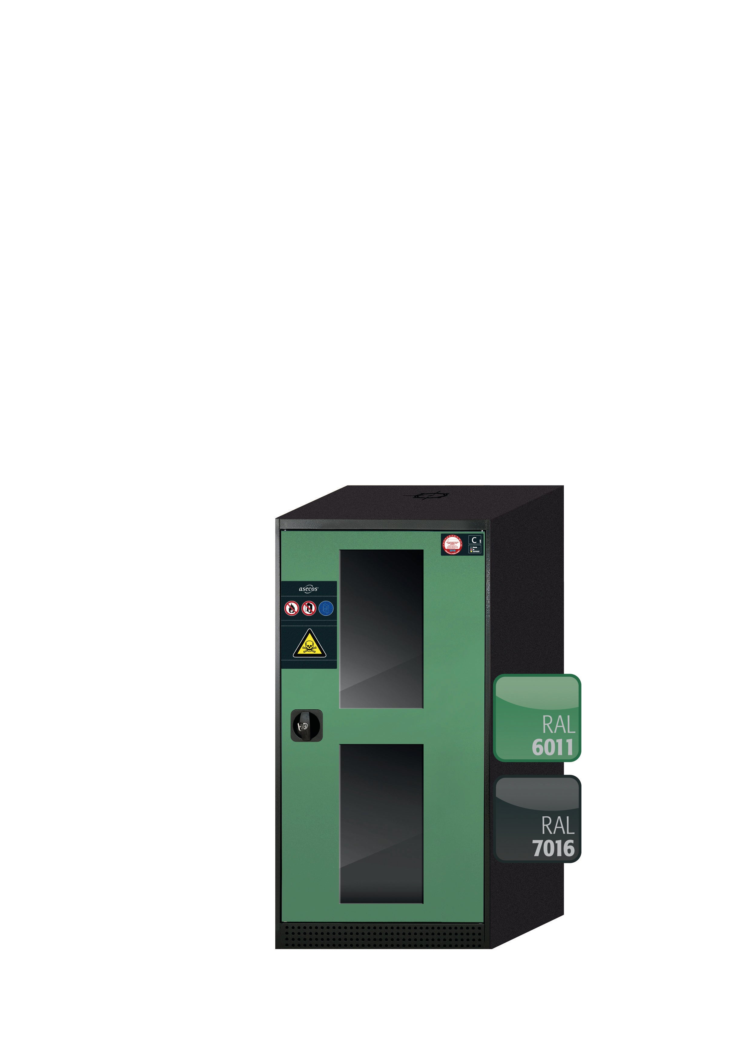 Armoire chimique CS-CLASSIC-G modèle CS.110.054.WDFWR en vert réséda RAL 6011 avec 2x étagères standard (tôle d'acier)