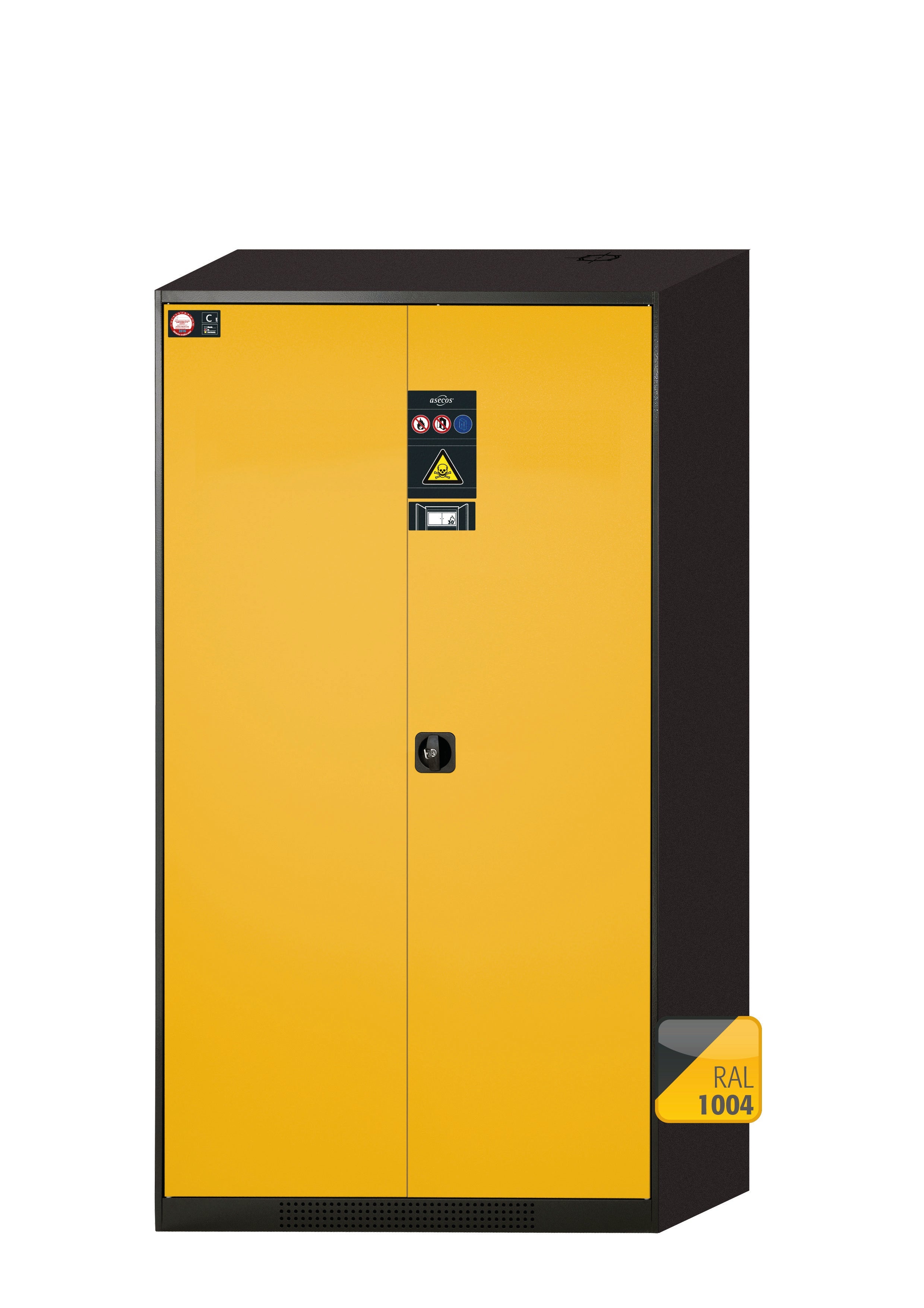 Chemical cabinet with type 30 safety box CS-CLASSIC-F model CS.195.105.F in safety yellow RAL 1004 with 2x standard shelves (sheet steel)