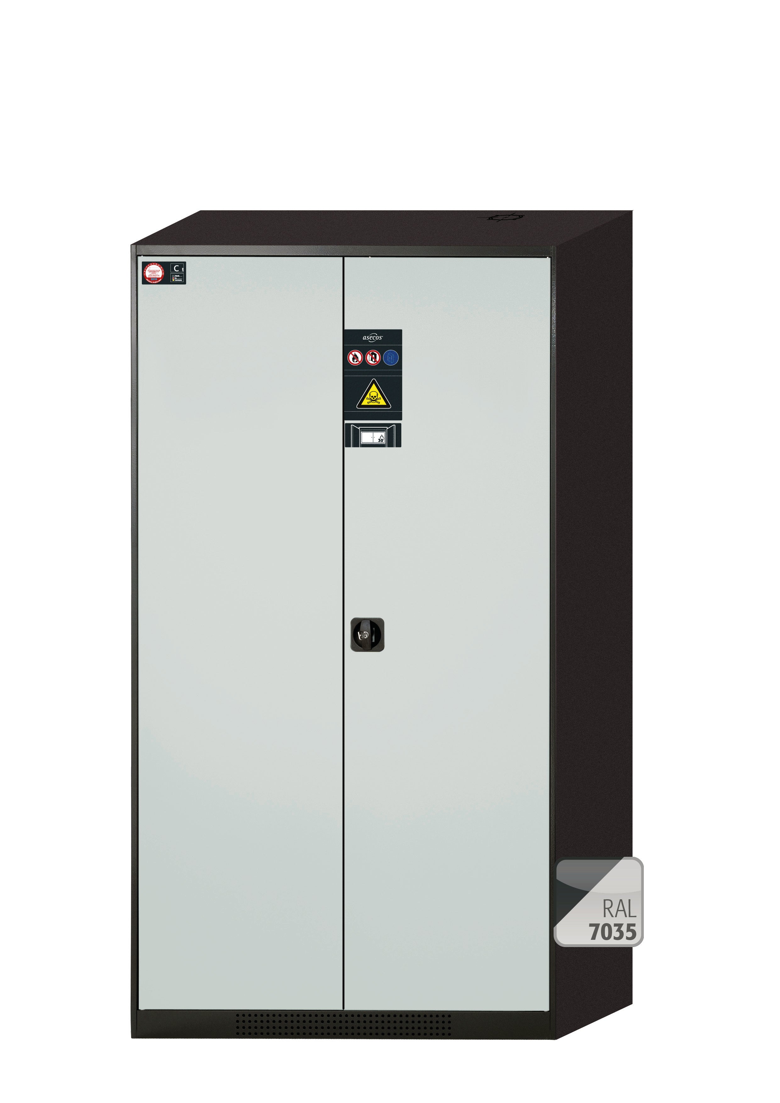Chemical cabinet with type 30 safety box CS-CLASSIC-F model CS.195.105.F in light gray RAL 7035 with 2x standard shelves (sheet steel)