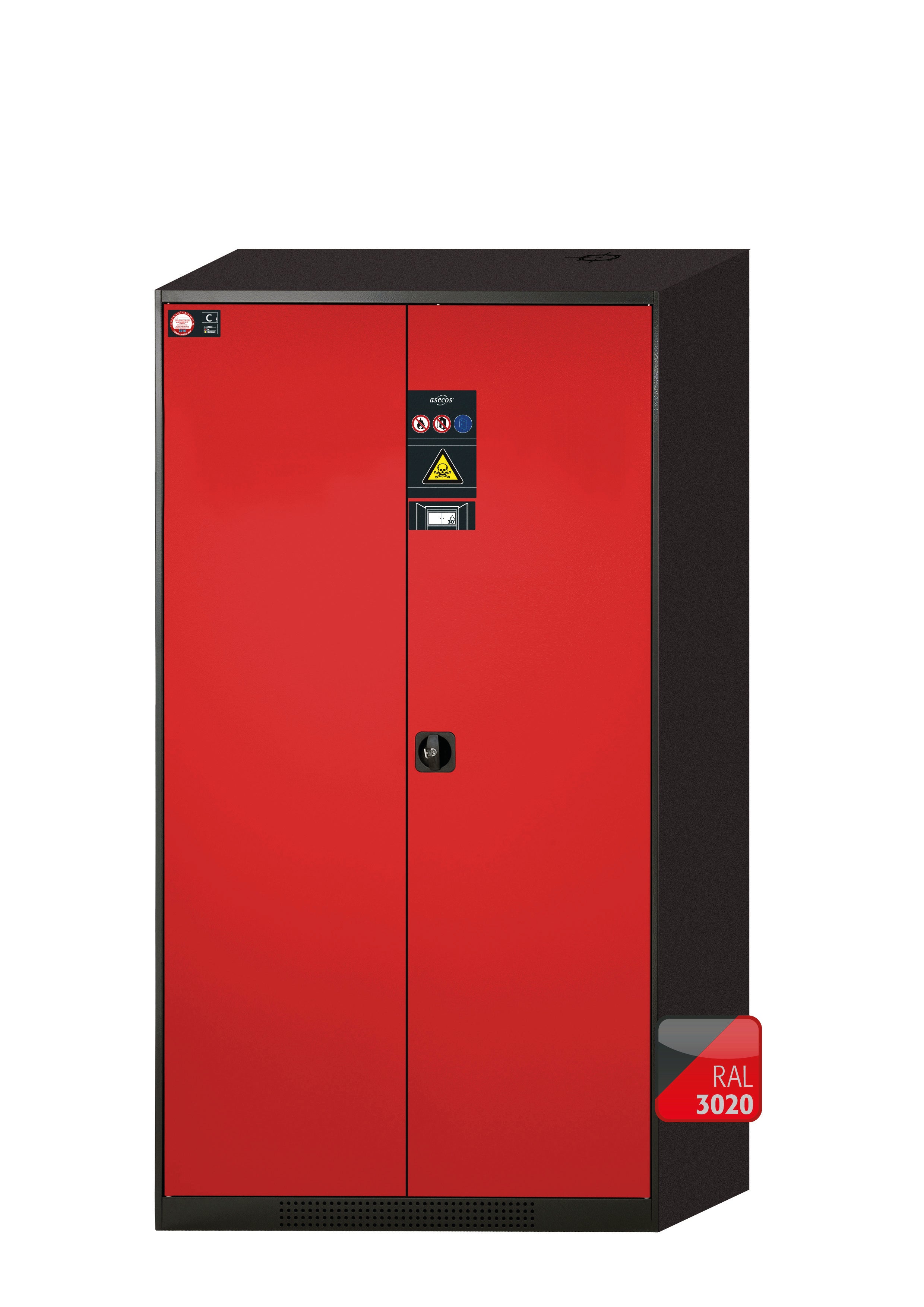 Chemical cabinet with type 30 safety box CS-CLASSIC-F model CS.195.105.F in traffic red RAL 3020 with 2x standard shelves (sheet steel)