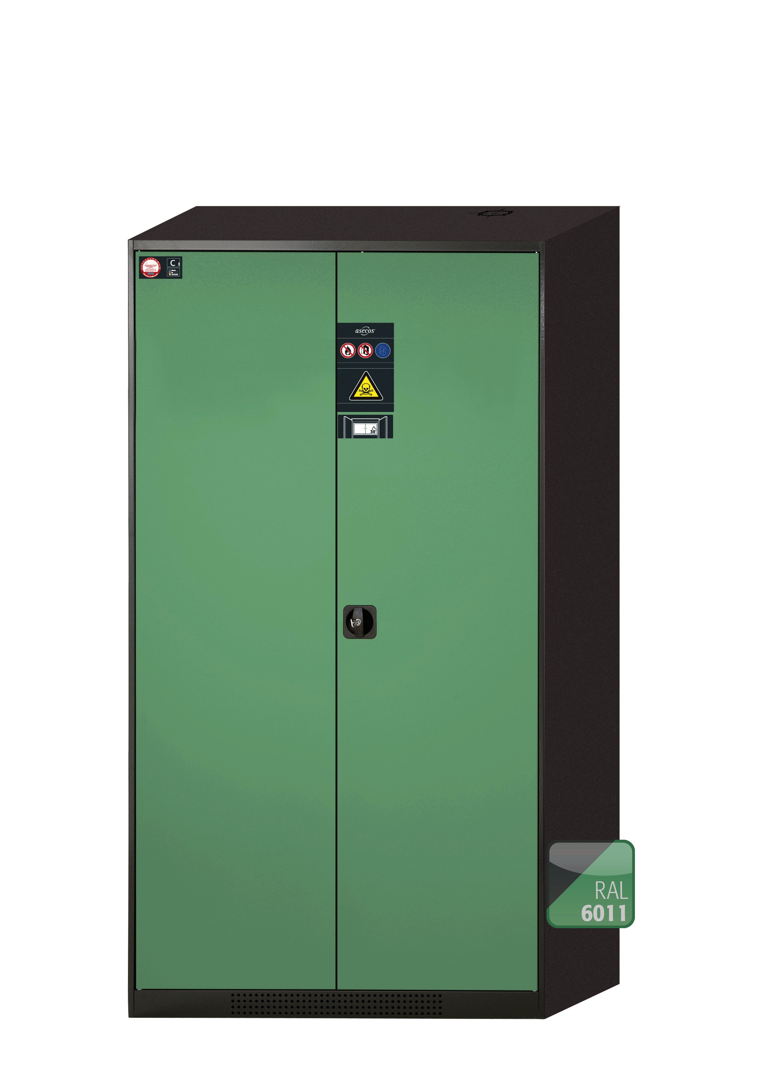 Chemical cabinet with type 30 safety box CS-CLASSIC-F model CS.195.105.F in reseda green RAL 6011 with 2x standard shelves (sheet steel)