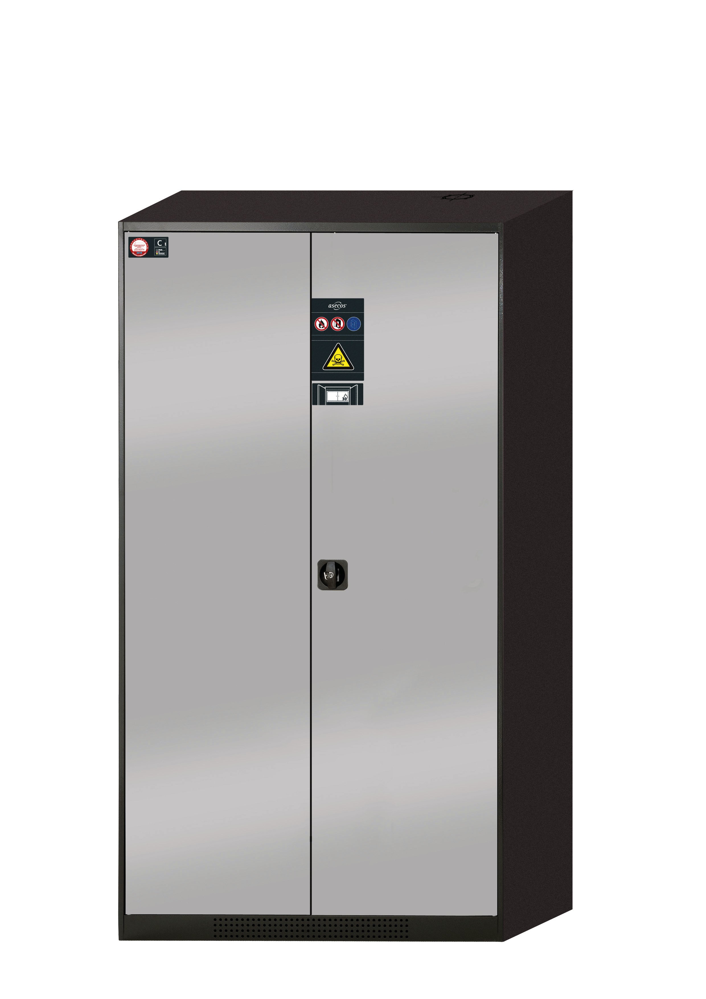 Chemical cabinet with type 30 safety box CS-CLASSIC-F model CS.195.105.F in asecos silver with 2x standard shelves (sheet steel)