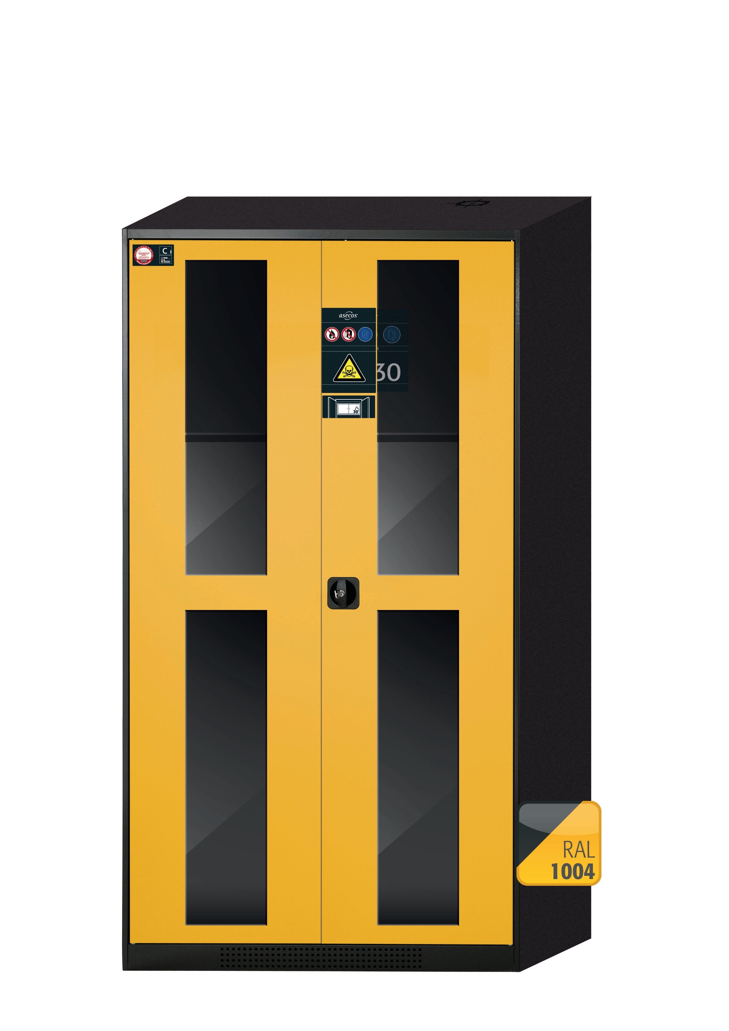 Chemical cabinet with type 30 safety box CS-CLASSIC-GF model CS.195.105.F.WDFW in safety yellow RAL 1004 with 2x standard shelves (sheet steel)