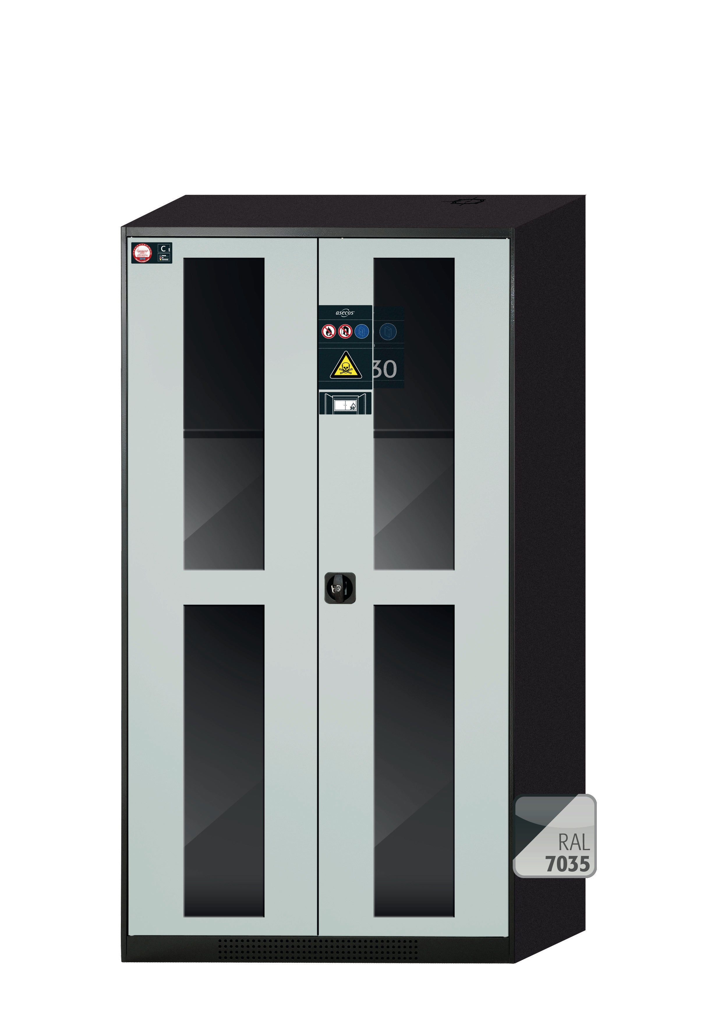 Chemical cabinet with type 30 safety box CS-CLASSIC-GF model CS.195.105.F.WDFW in light gray RAL 7035 with 2x standard shelves (sheet steel)