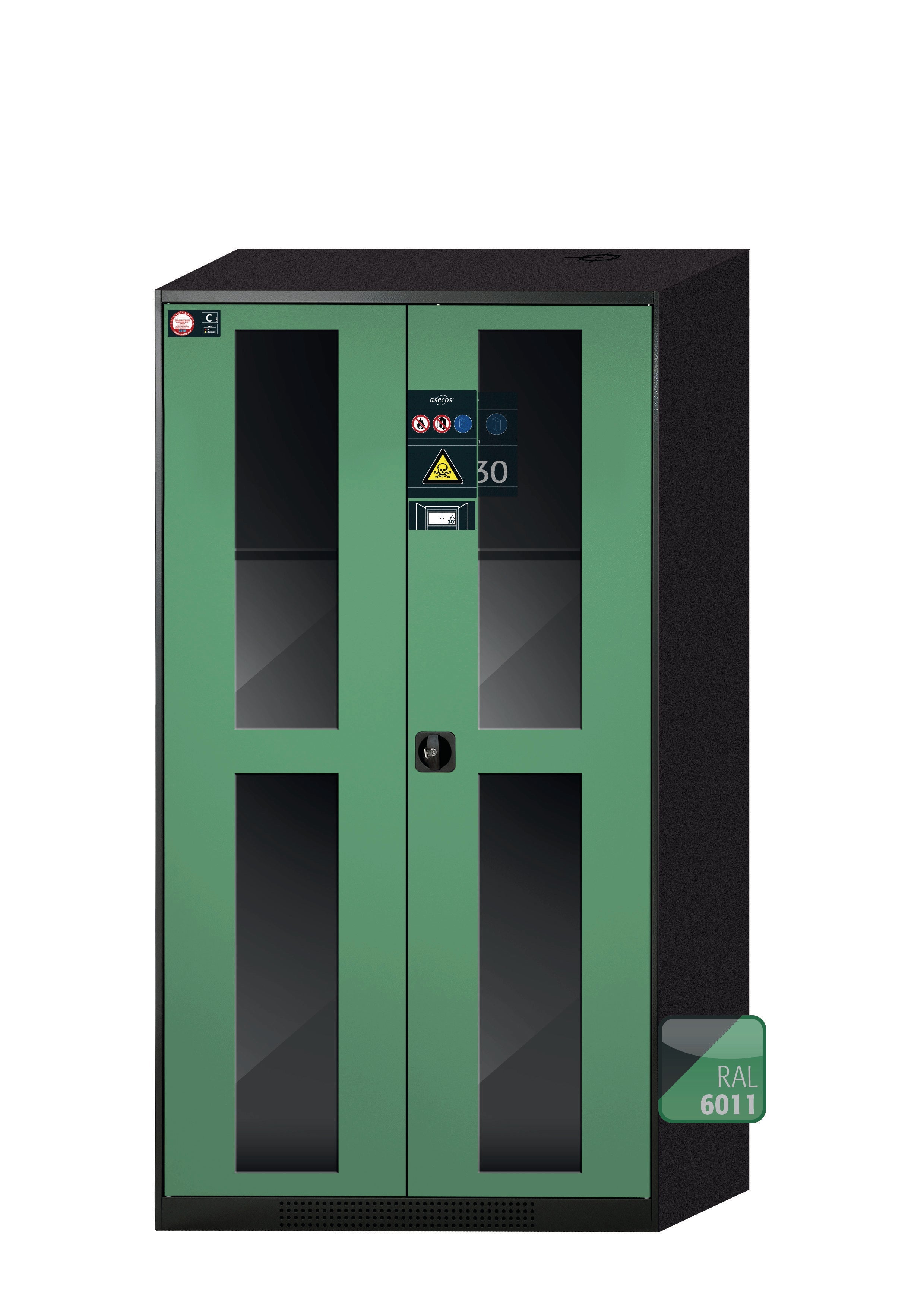 Chemical cabinet with type 30 safety box CS-CLASSIC-GF model CS.195.105.F.WDFW in reseda green RAL 6011 with 2x standard shelves (sheet steel)