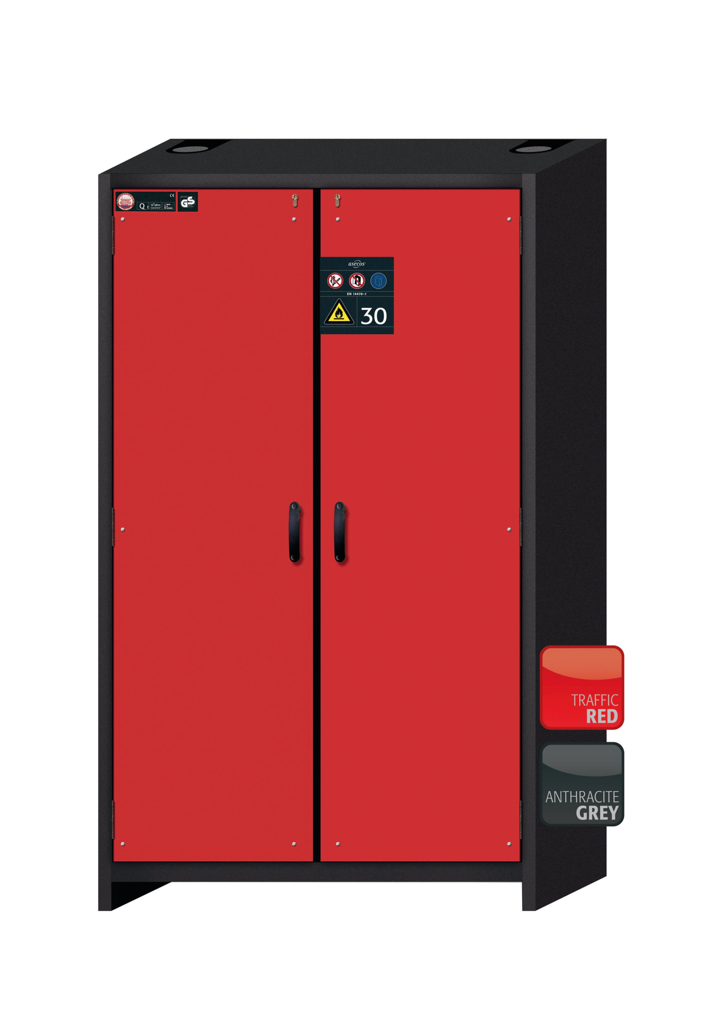 Typ 30 Sicherheitsschrank Q-CLASSIC-30 Modell Q30.195.116 in verkehrsrot RAL 3020 mit 3x Auszugswanne Standard (Edelstahl 1.4301)