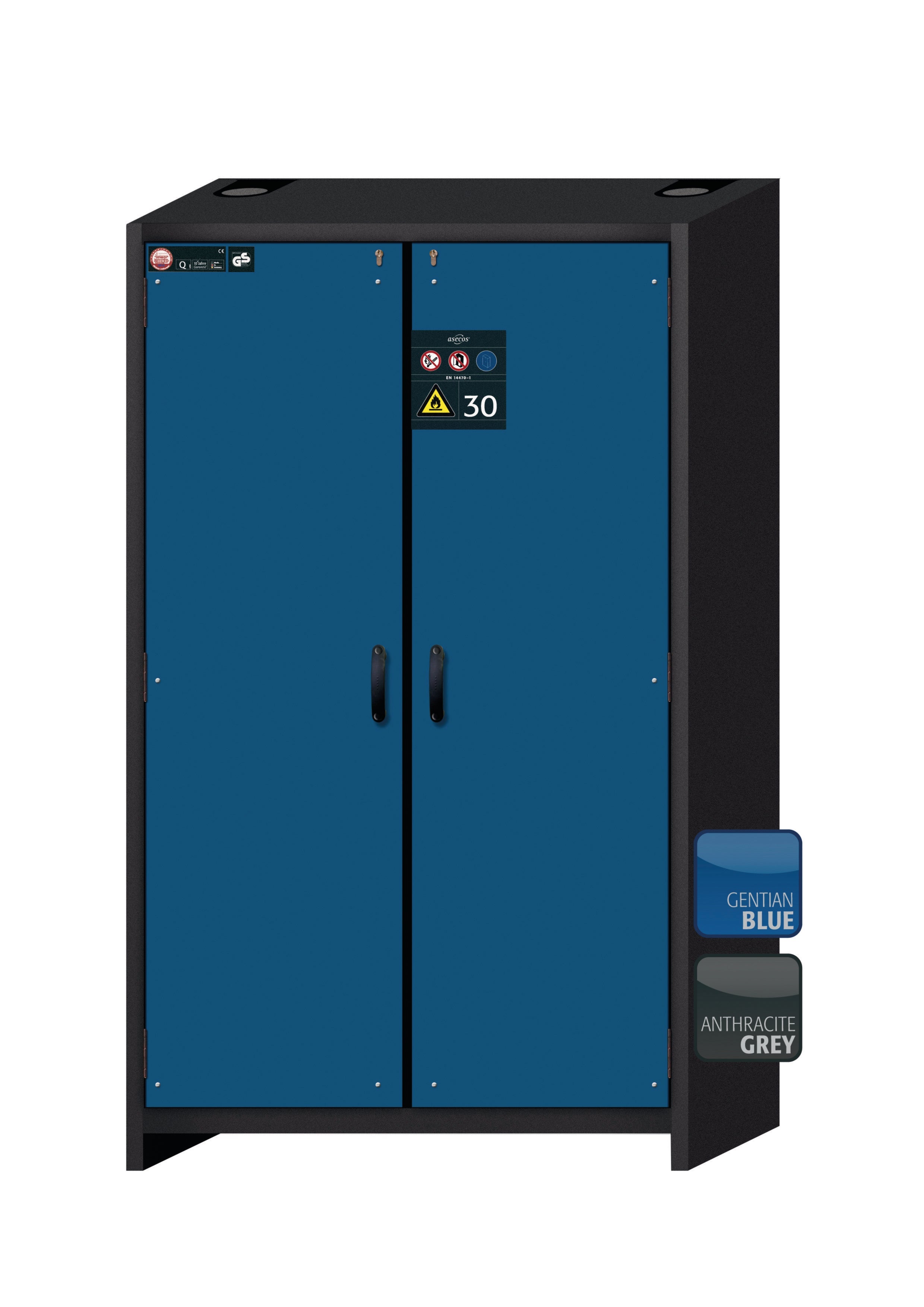 Typ 30 Sicherheitsschrank Q-CLASSIC-30 Modell Q30.195.116 in enzianblau RAL 5010 mit 2x Wannenboden Standard (Polypropylen)