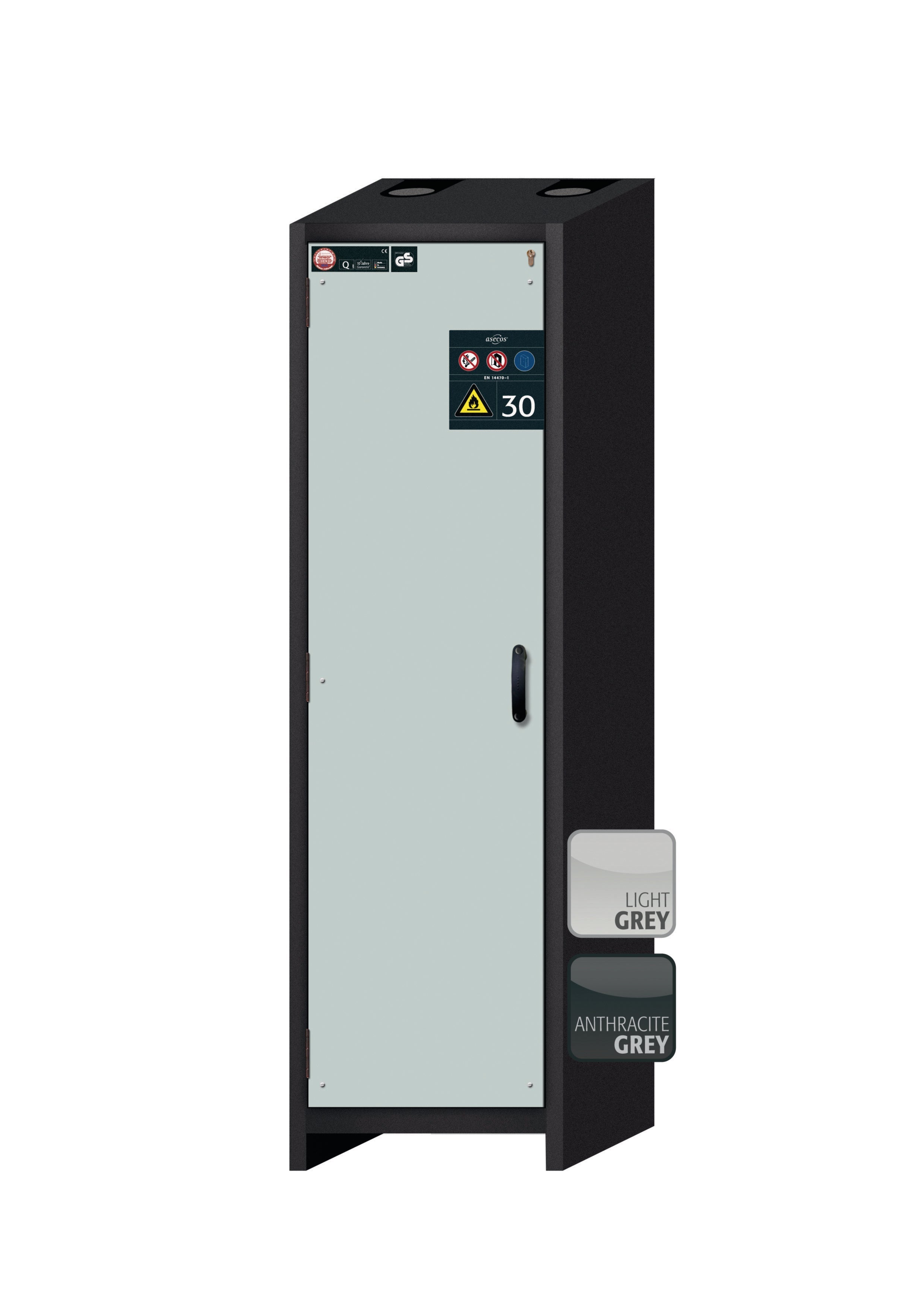 Type 30 safety cabinet Q-CLASSIC-30 model Q30.195.056 in light gray RAL 7035 with 2x standard pull-out tray (sheet steel)