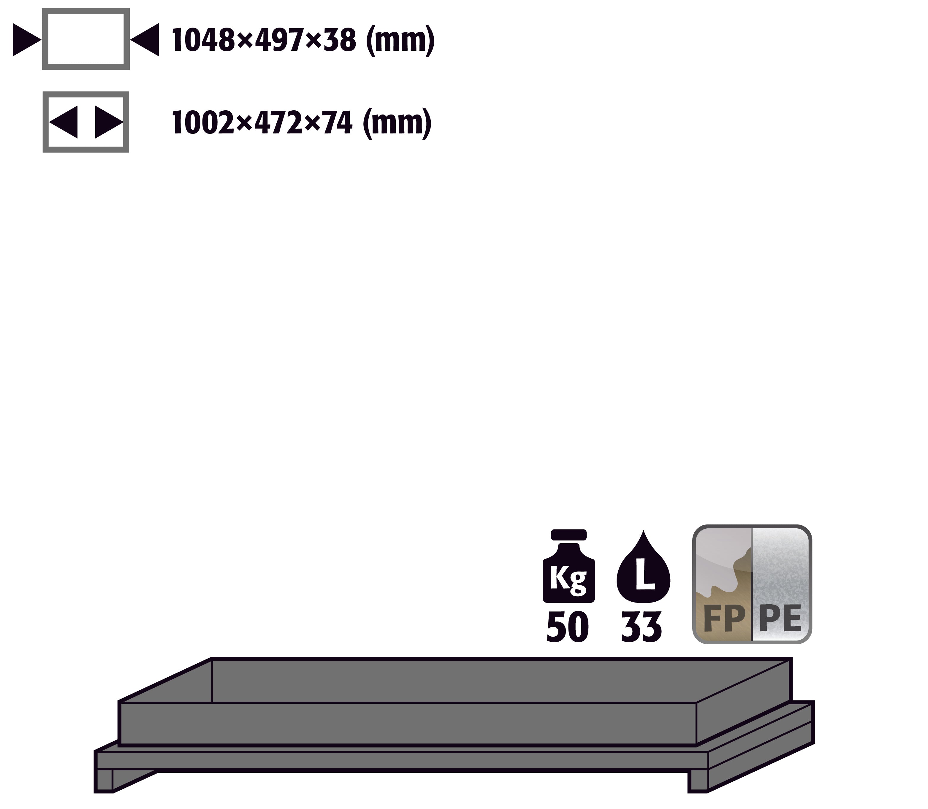 Bac au sol standard sans métal (volume: 33,00 litres) pour modèle(s): Q90, S90 avec largeur 1200 mm, polypropylène brut