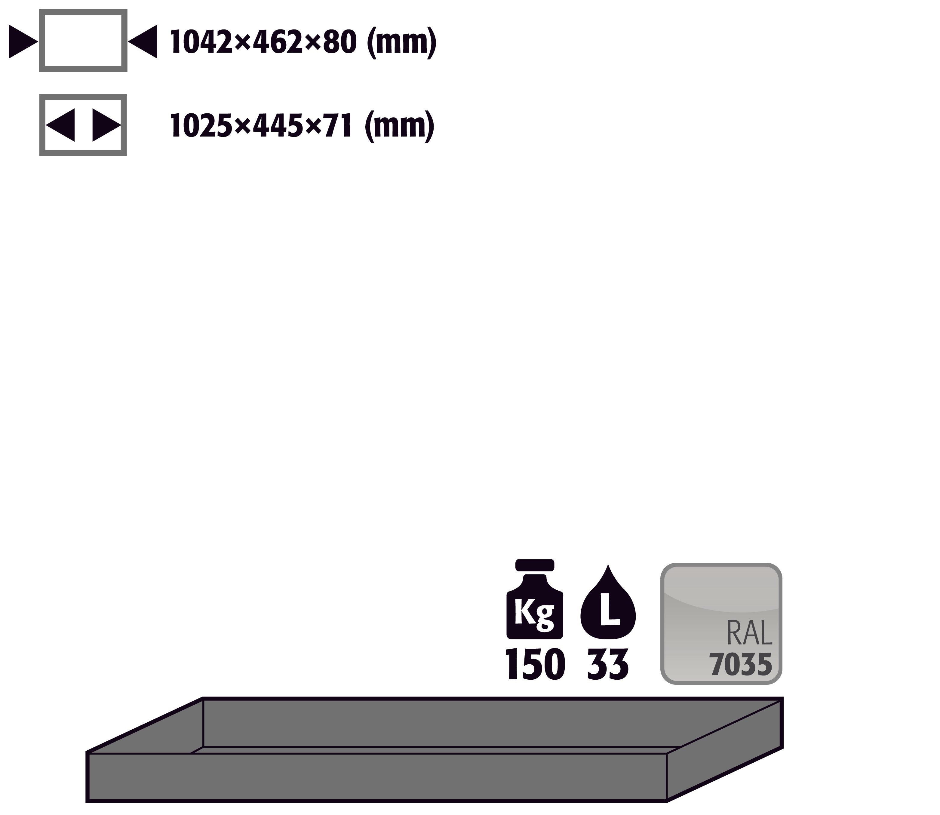 Bac au sol standard (volume: 33,00 litres) pour modèle(s): Q90, S90 avec largeur 1200 mm, tôle d'acier revêtement par poudre lisse