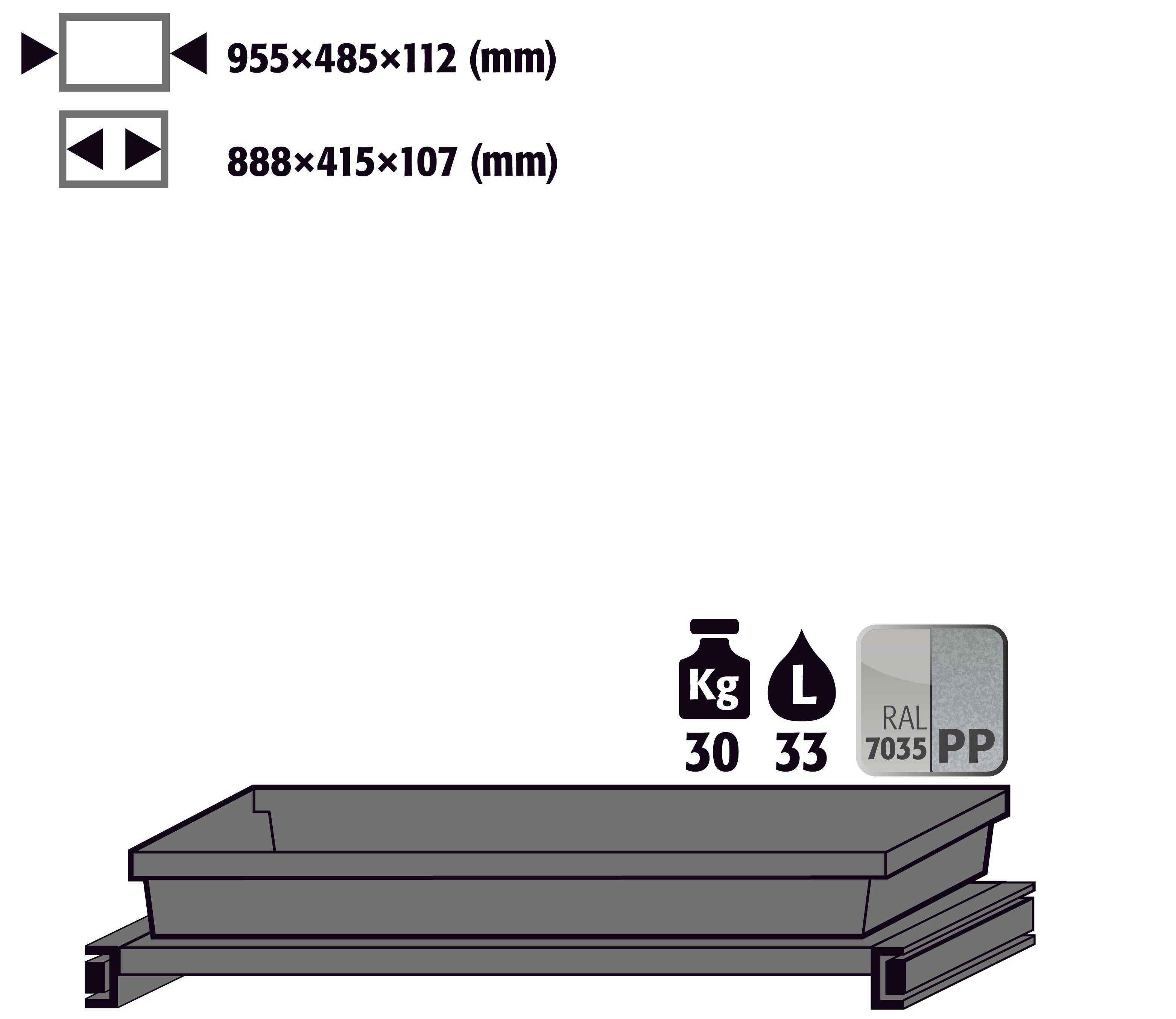 Tablarauszug AbZ mit PP-Wanne (Volumen: 33,00 Liter) für Modell(e): CS mit Breite 1055 mm, Stahlblech/Polypropylen pulverbeschichtet/roh