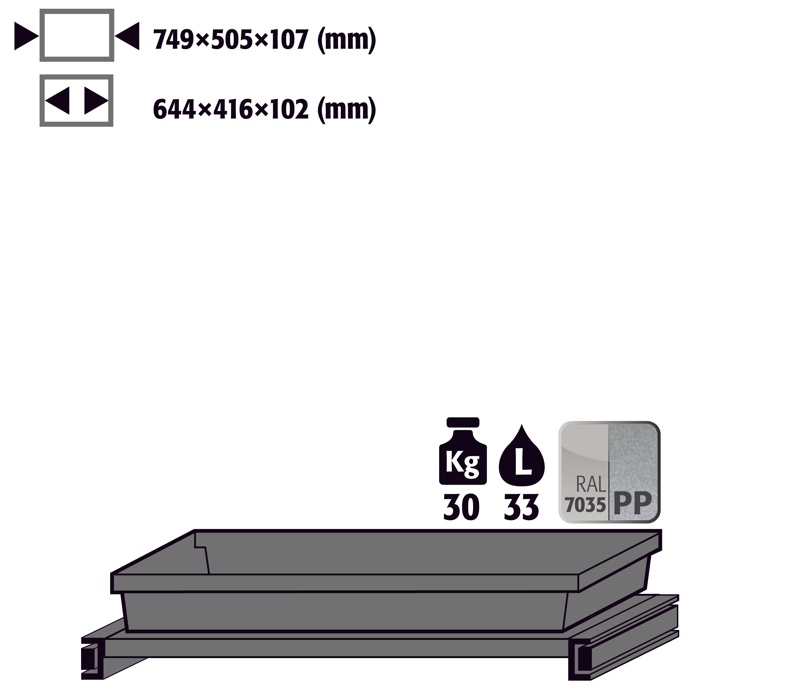 Tablarauszug AbZ mit PP-Wanne (Volumen: 22,00 Liter) für Modell(e): CS mit Breite 810 mm, Stahlblech/Polypropylen pulverbeschichtet/roh