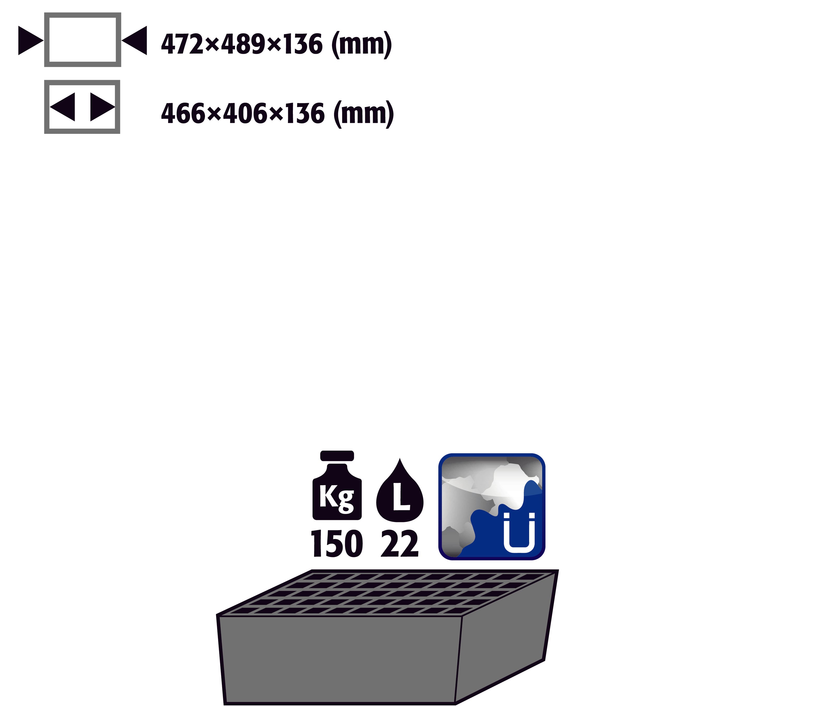 Bac de rétention au sol STAWA-R avec caillebotis (volume: 22,00 litres) pour modèle(s): Armoires pour produits chimique d'une largeur de 545 mm, tôle d'acier galvanisé et peint