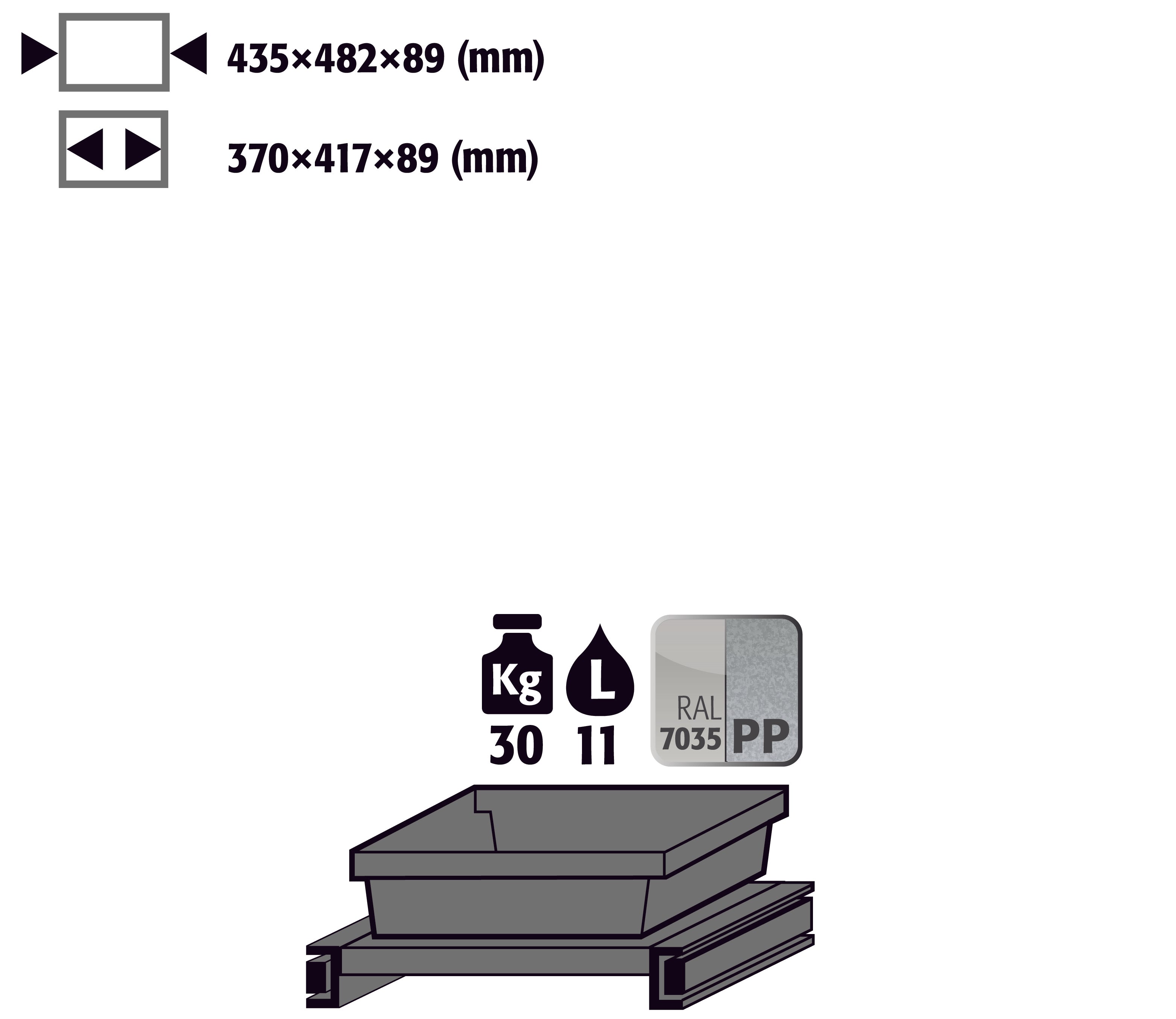 Tablarauszug für Schränke mit Mitteltrennwand vertikal (Volumen: 11,00 Liter) für Modell(e): CS mit Breite 1055 mm, Stahlblech/Polypropylen pulverbeschichtet/roh