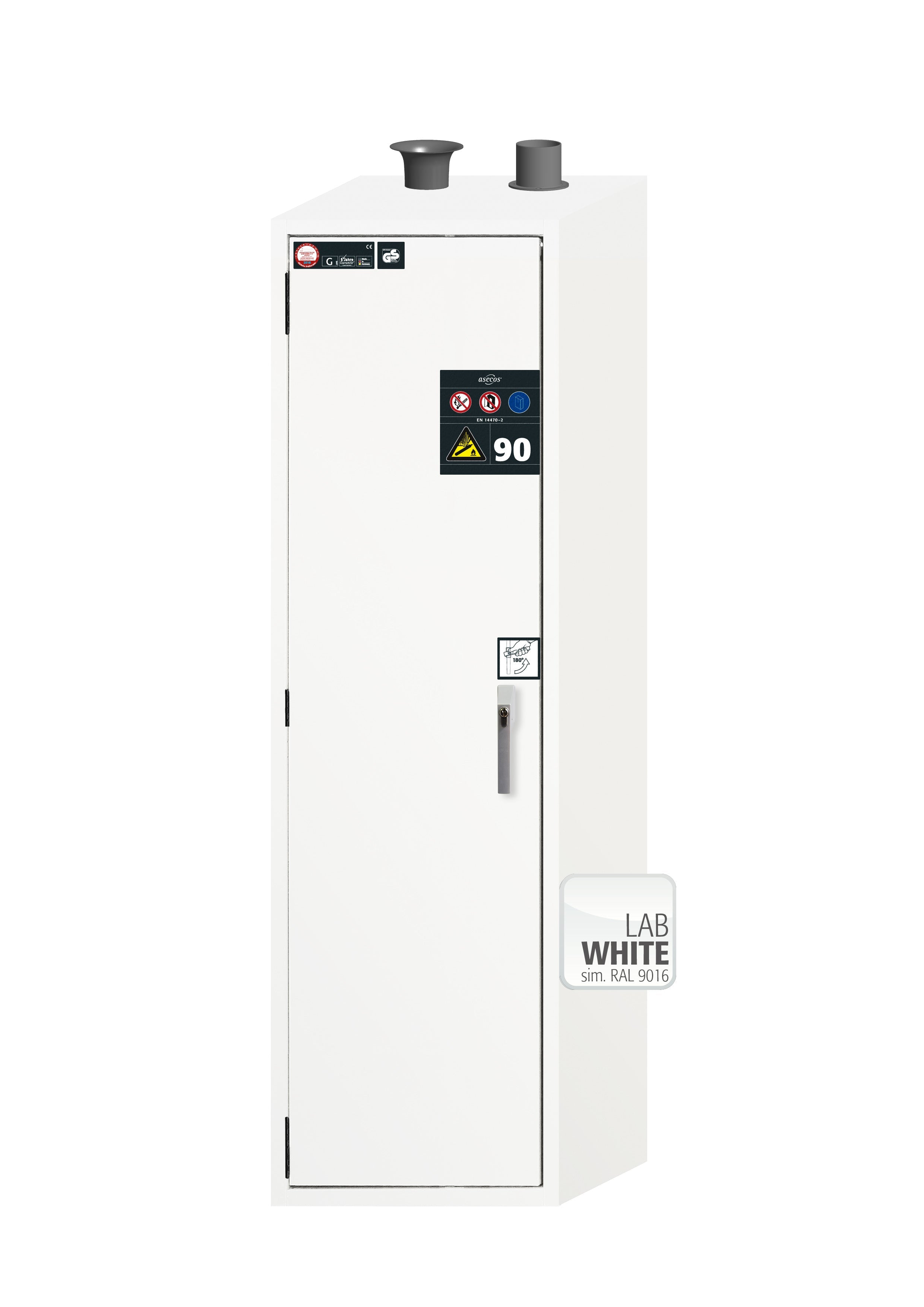 Type 90 compressed gas bottle cabinet G-ULTIMATE-90 model G90.205.060 in laboratory white (similar to RAL 9016) with for 1x compressed gas bottles of 50 liters each