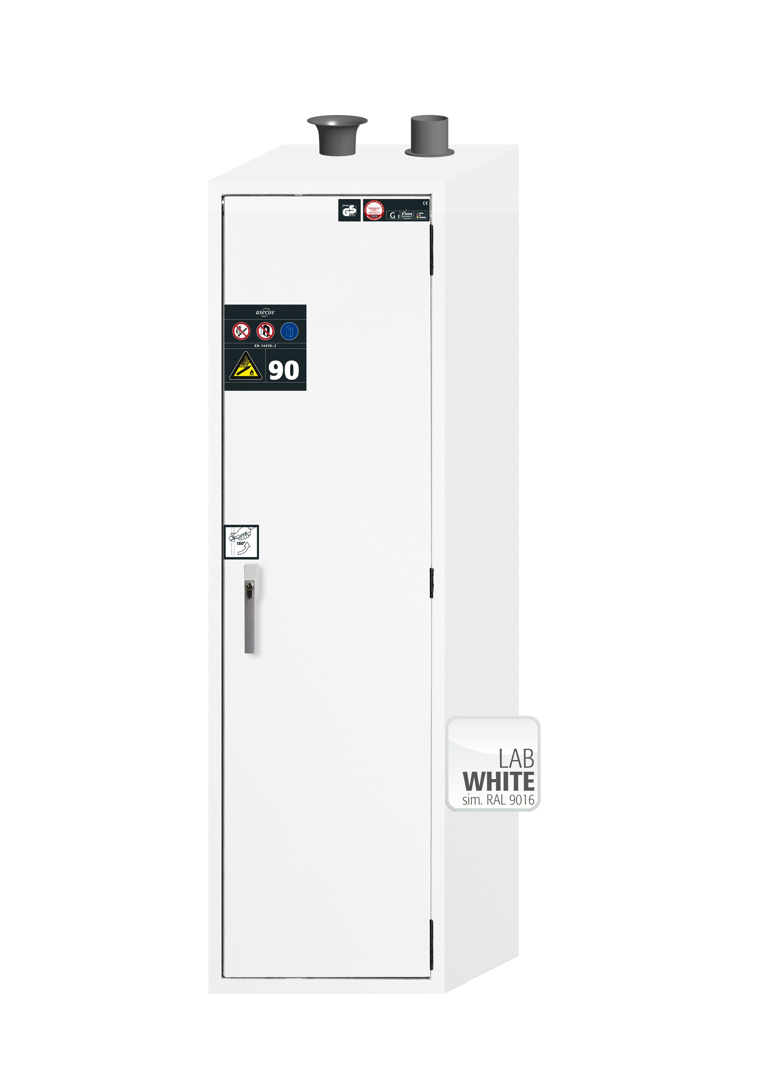 Type 90 compressed gas bottle cabinet G-ULTIMATE-90 model G90.205.060.R in laboratory white (similar to RAL 9016) with for 1x compressed gas bottles of 50 liters each
