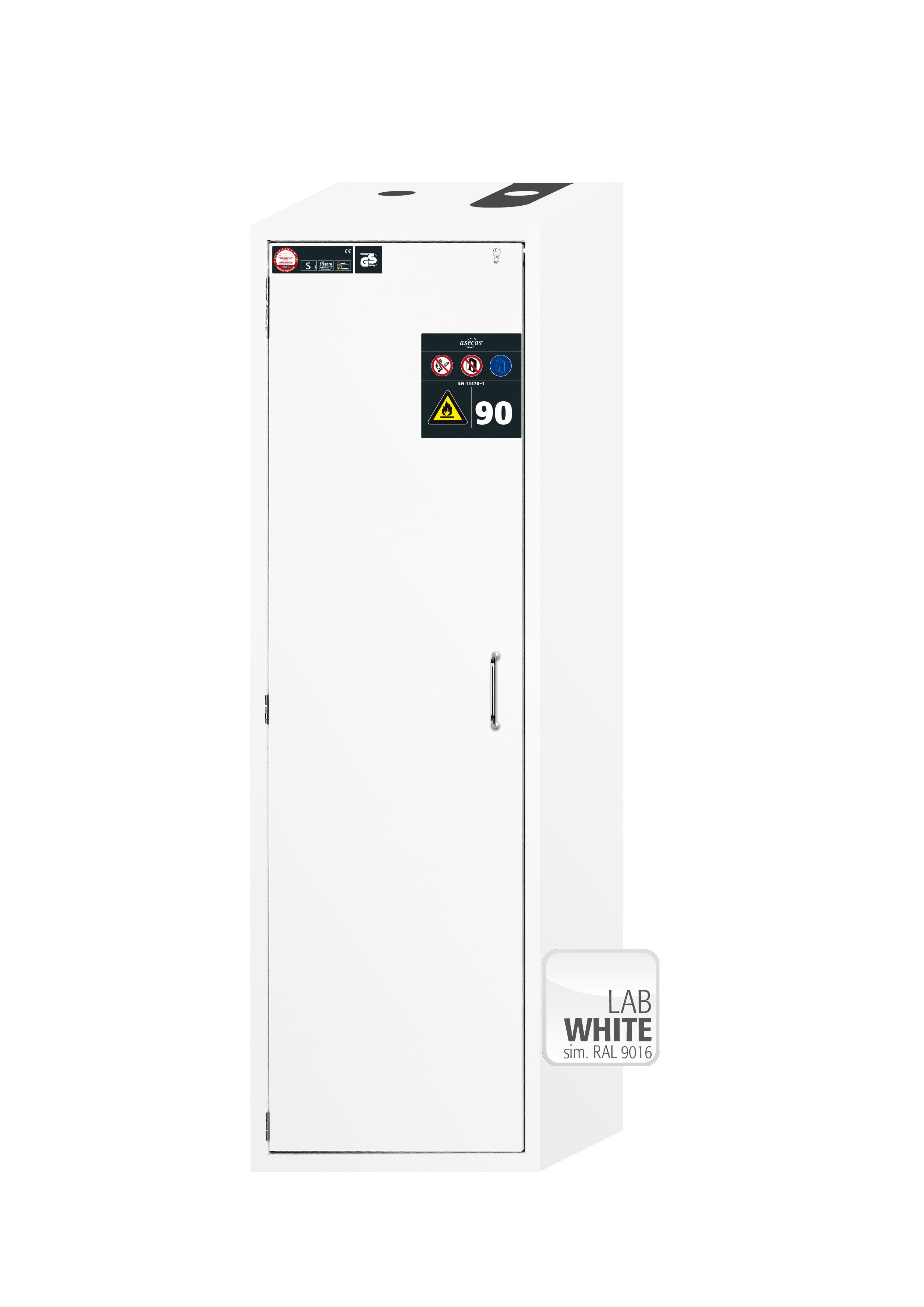 Armoire de sécurité type 90 S-CLASSIC-90 modèle S90.196.060 en blanc de laboratoire (similaire à RAL 9016) avec 2 étagères standard (acier inoxydable 1.4301)