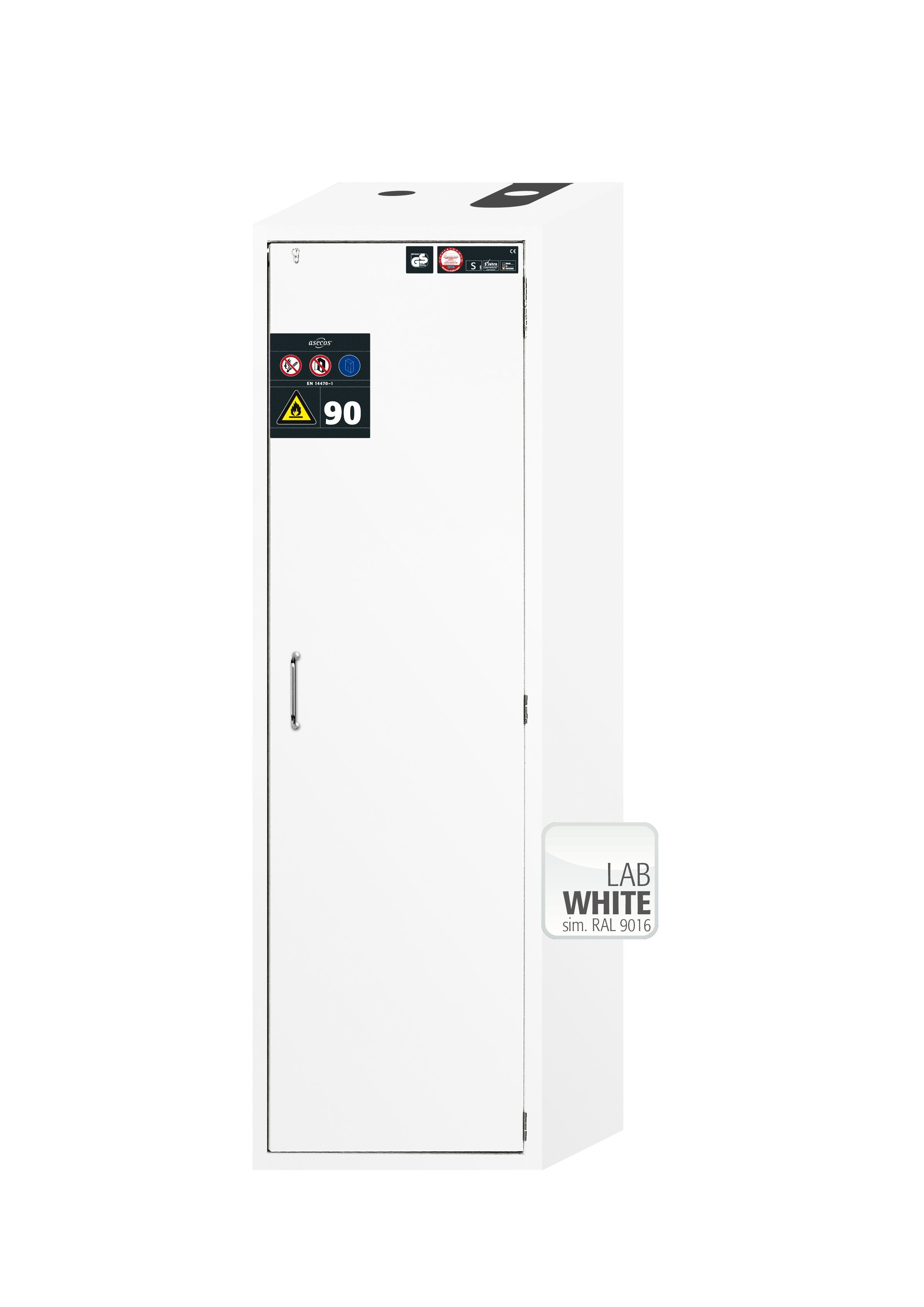 Armoire de sécurité type 90 S-CLASSIC-90 modèle S90.196.060.R en blanc de laboratoire (similaire à RAL 9016) avec 2 étagères standard (tôle d'acier)