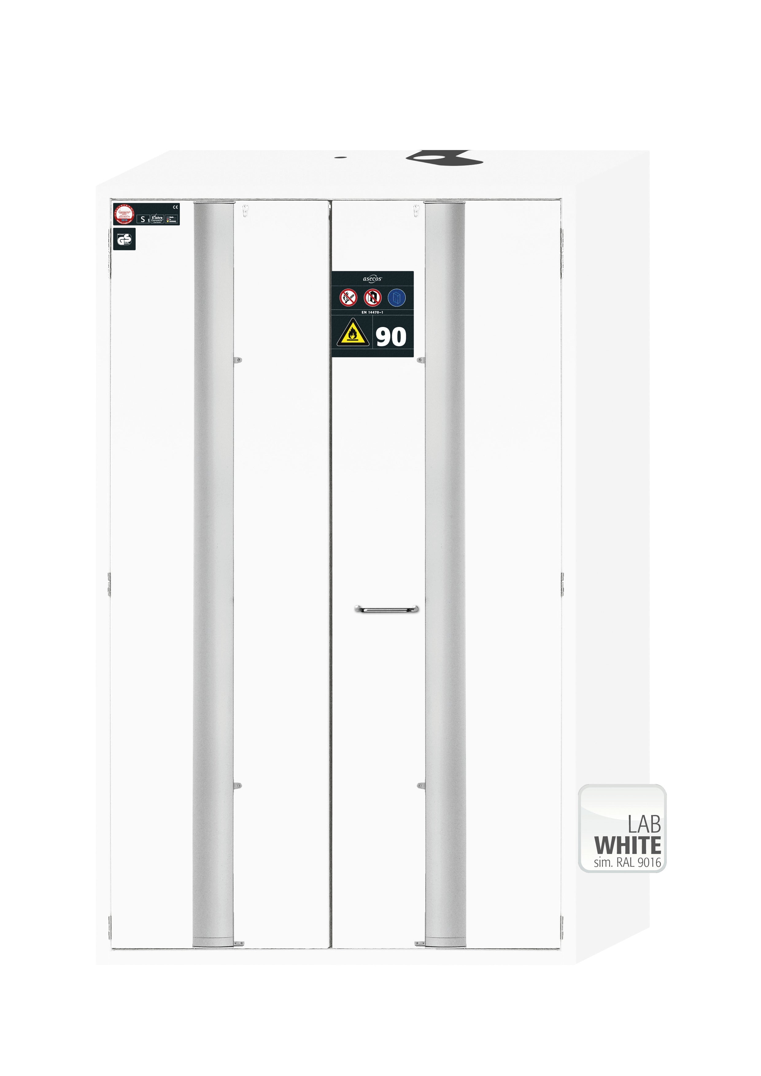 Armoire de sécurité type 90 S-PHOENIX Vol.2-90 modèle S90.196.120.FDAC en blanc de laboratoire (similaire à RAL 9016) avec 2x base de plateau standard (polypropylène)