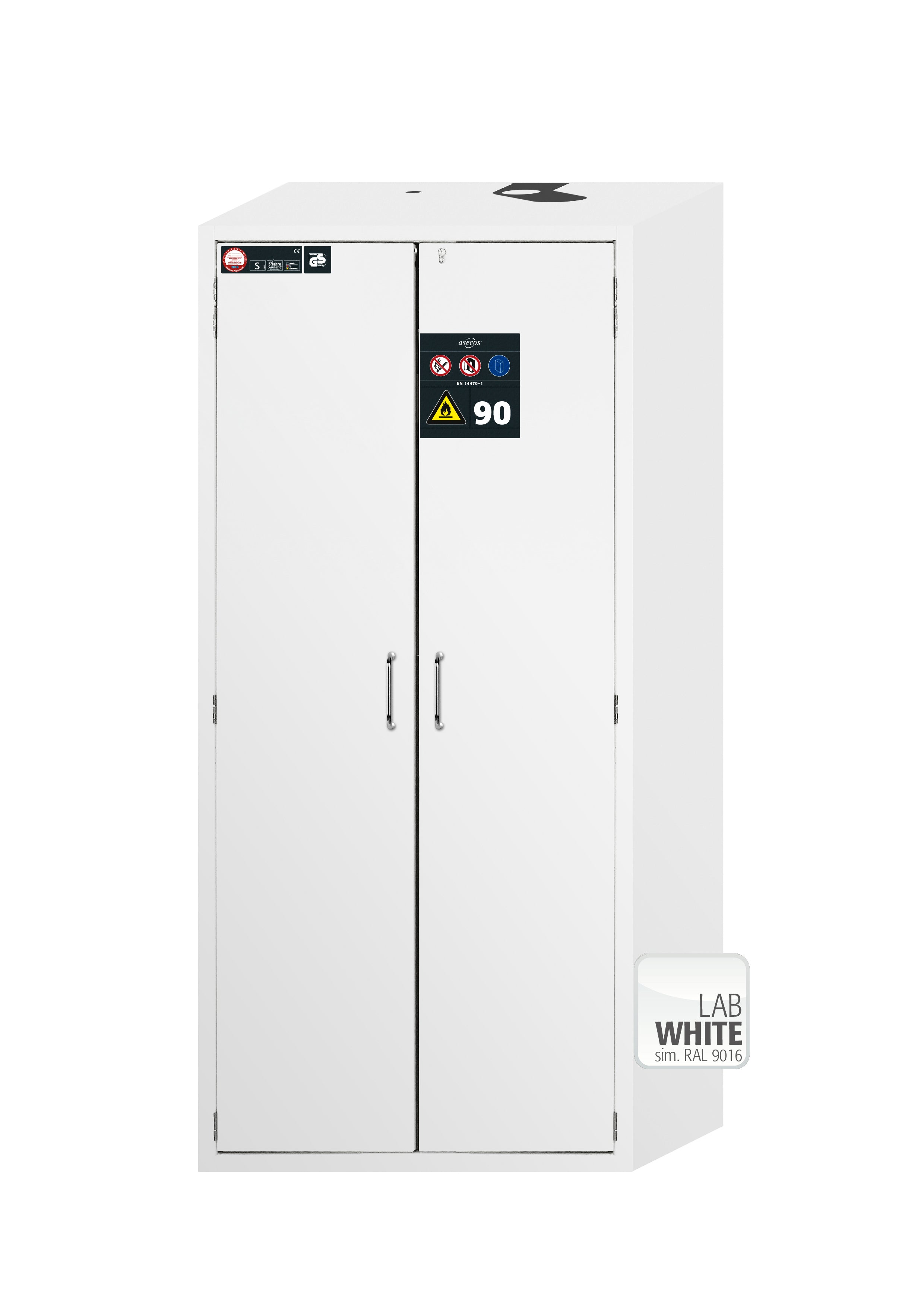 Type 90 safety cabinet S-CLASSIC-90 model S90.196.090.WDAS in laboratory white (similar to RAL 9016) with 5x standard pull-out tray (sheet steel)